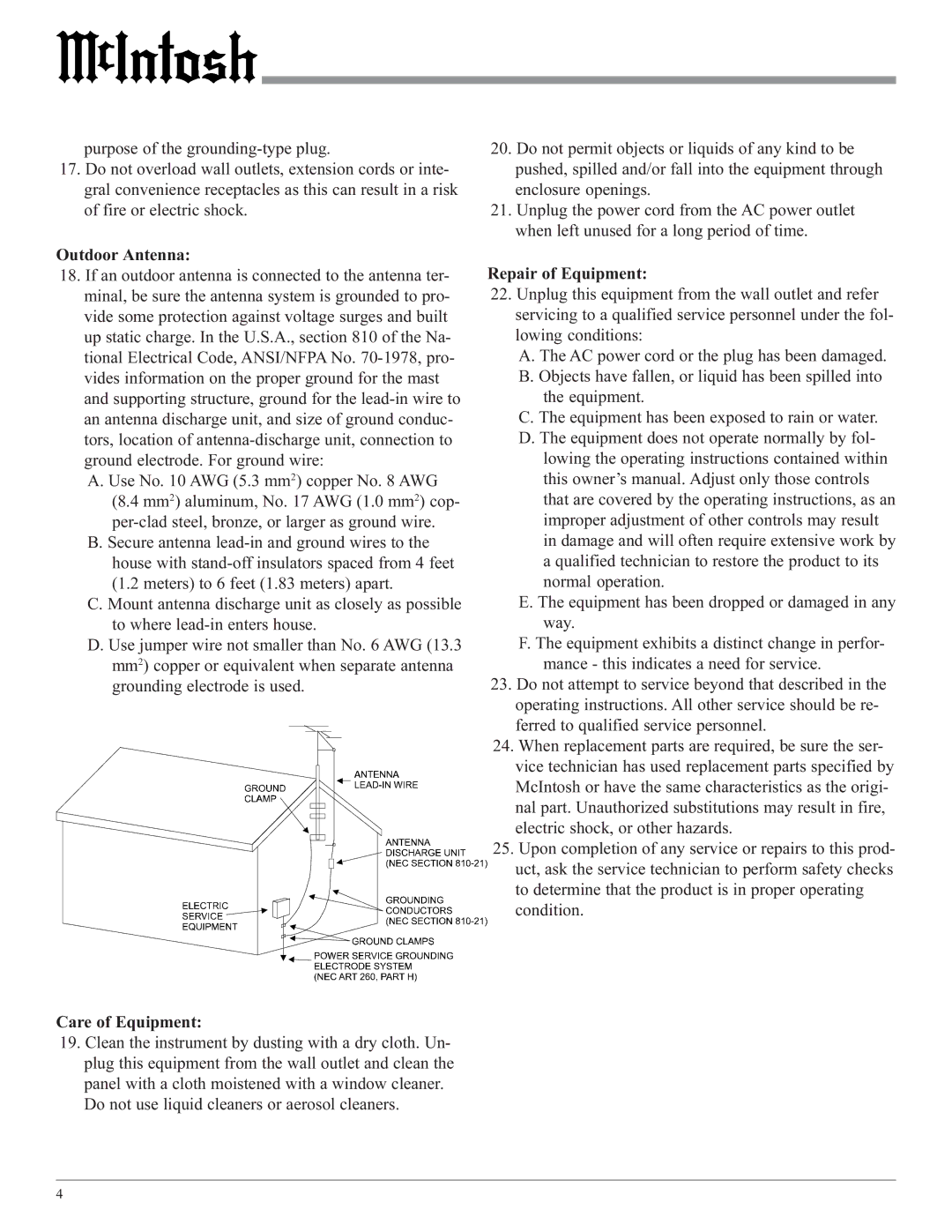 McIntosh M85 manual Outdoor Antenna, Care of Equipment, Repair of Equipment 