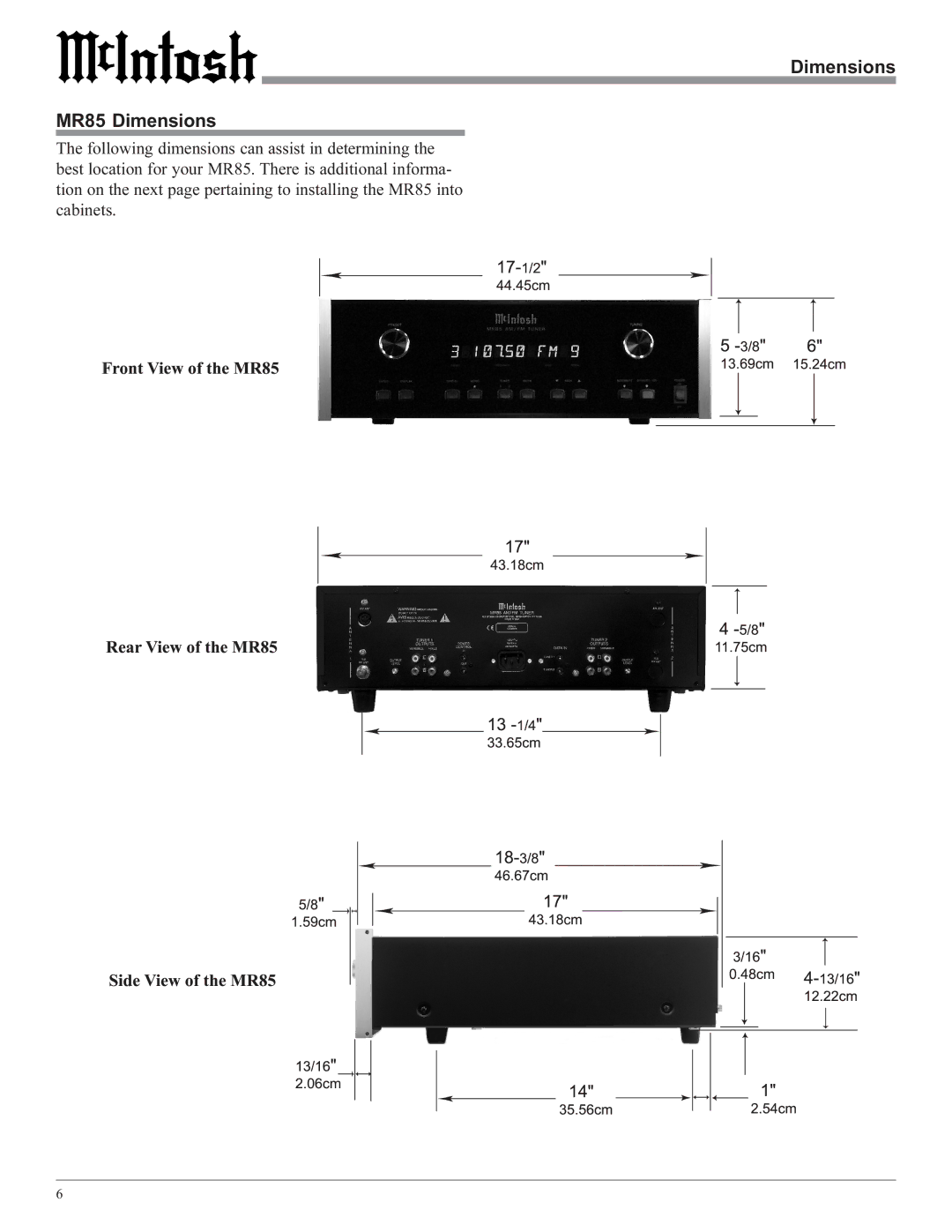 McIntosh M85 manual MR85 Dimensions 