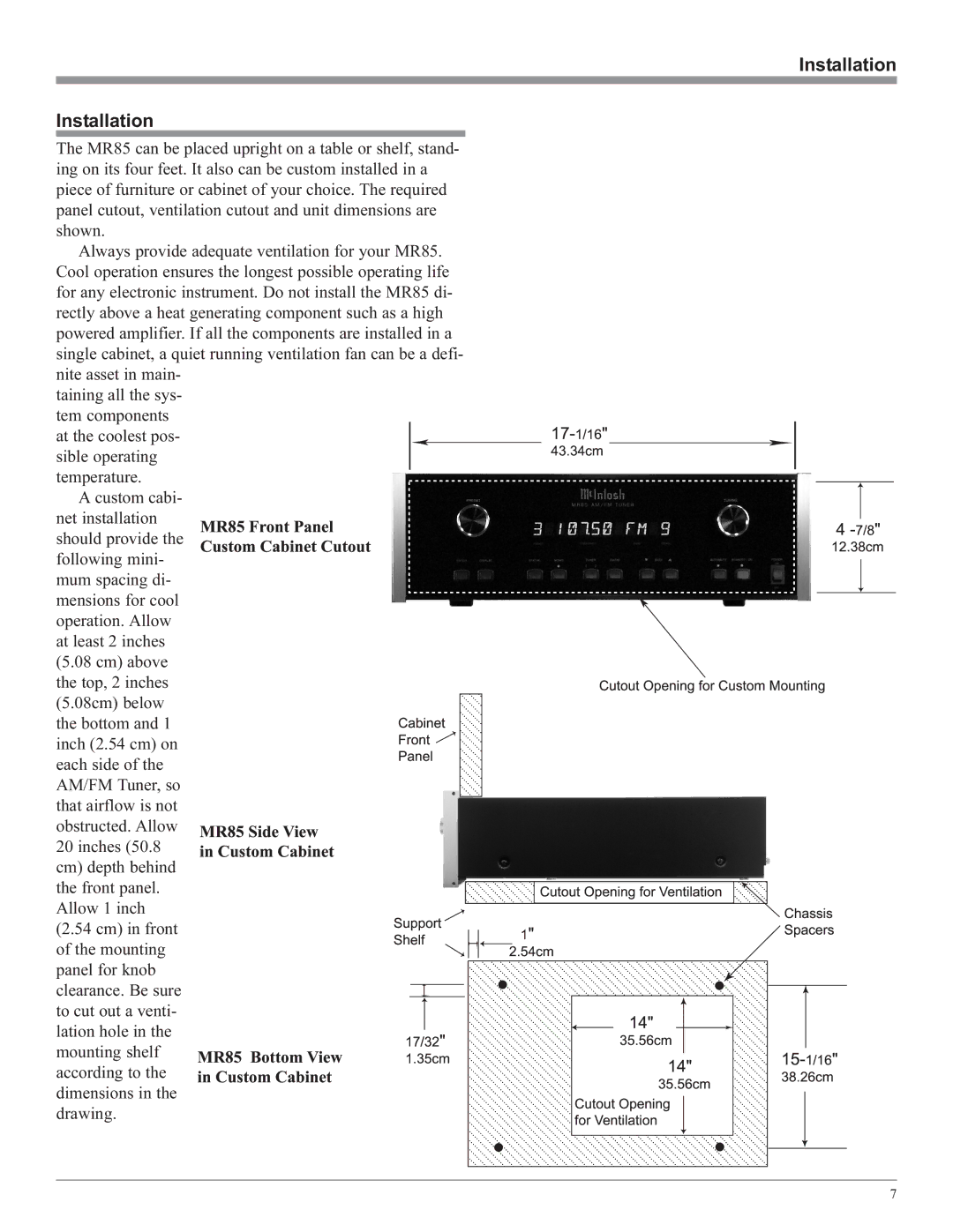 McIntosh M85 manual MR85FrontPanel, Installation 