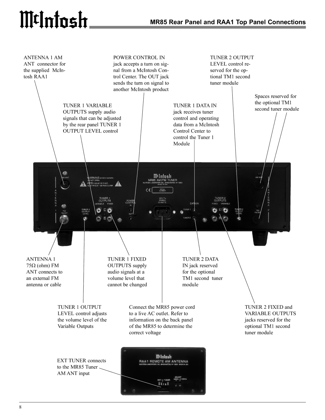 McIntosh M85 manual MR85 Rear Panel and RAA1 Top Panel Connections, Antenna 1 AM Power Control 