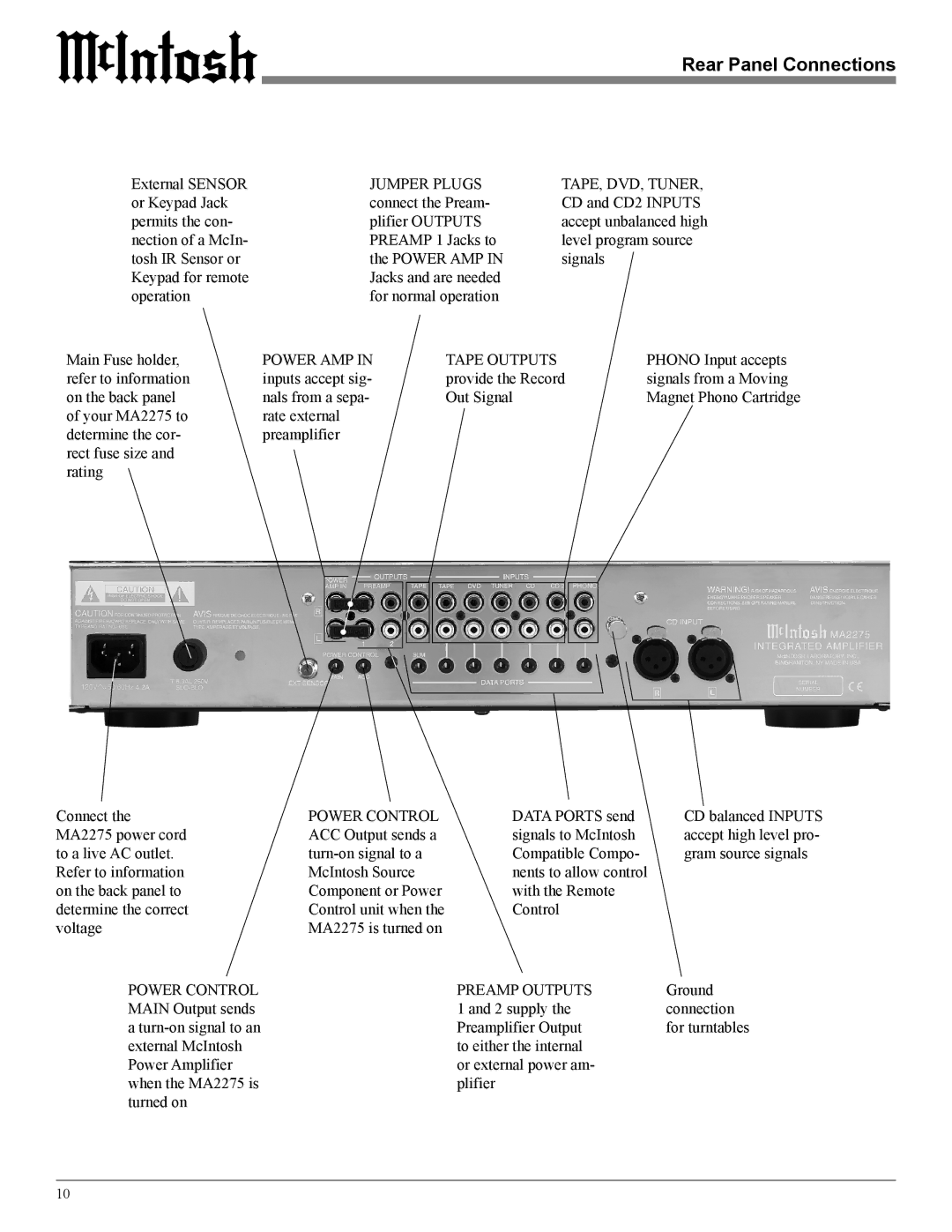 McIntosh MA2275 owner manual Rear Panel Connections, Jumper Plugs TAPE, DVD, Tuner 