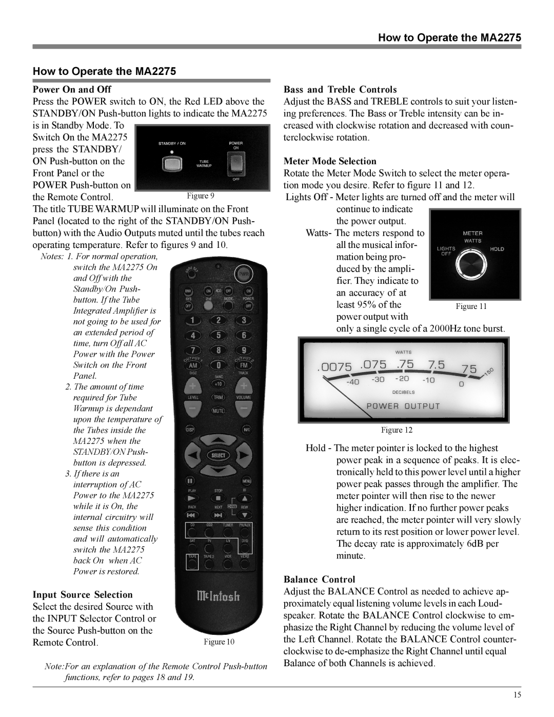 McIntosh How to Operate the MA2275, Power On and Off, Bass and Treble Controls, Meter Mode Selection, Balance Control 