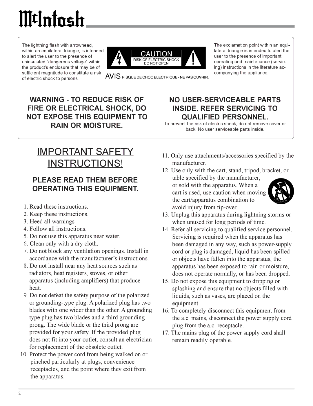 McIntosh MA2275 owner manual Important Safety Instructions 