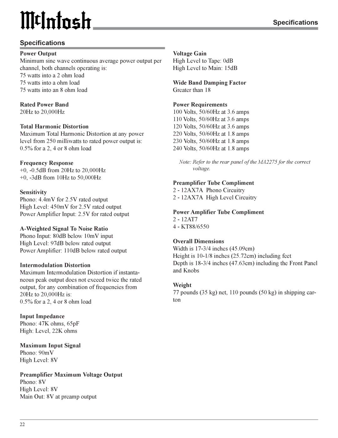 McIntosh MA2275 owner manual Specifications 