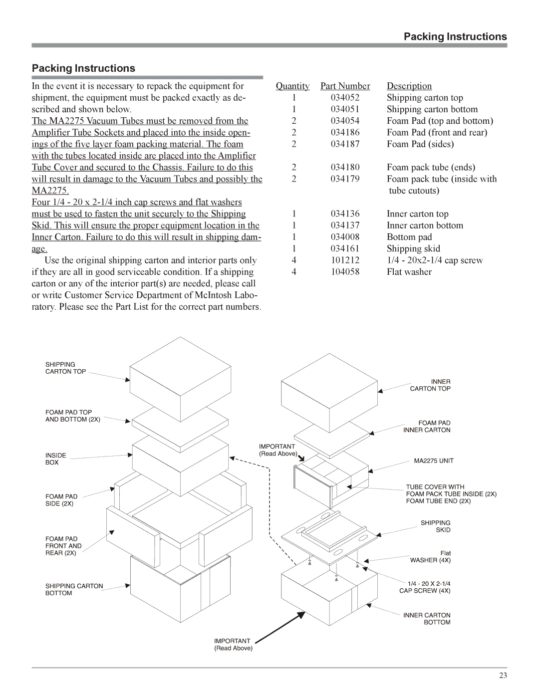 McIntosh MA2275 owner manual Packing Instructions 