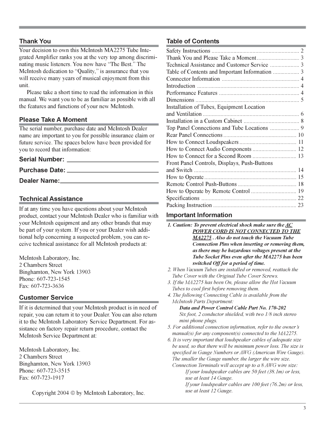 McIntosh MA2275 owner manual Thank You, Please Take a Moment, Customer Service, Table of Contents, Important Information 