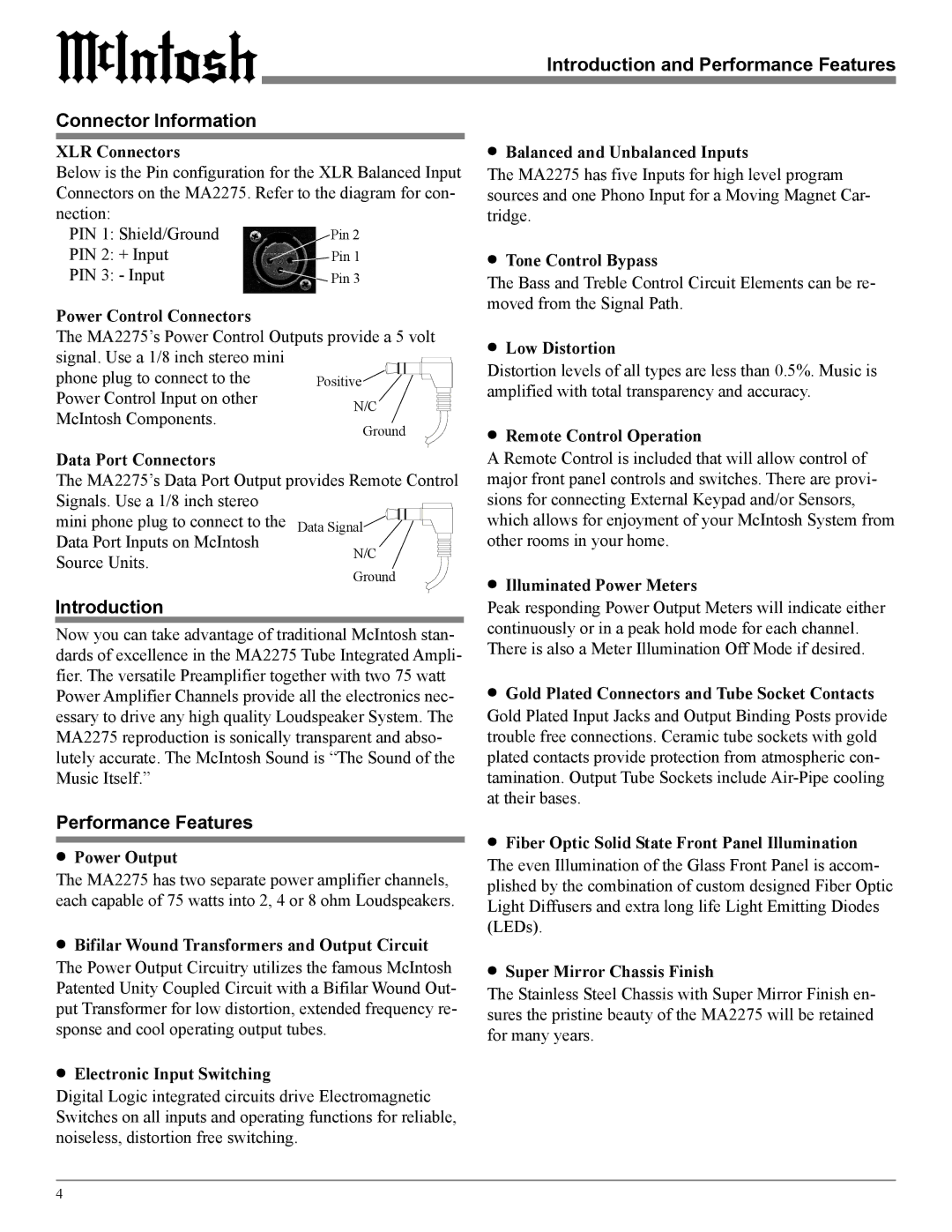 McIntosh MA2275 owner manual Introduction and Performance Features Connector Information 