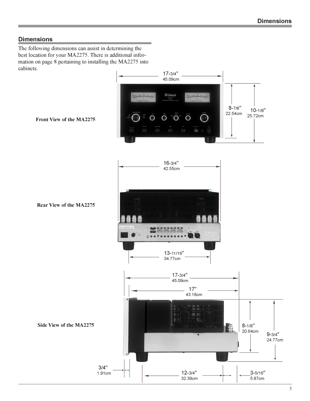 McIntosh MA2275 owner manual Dimensions 