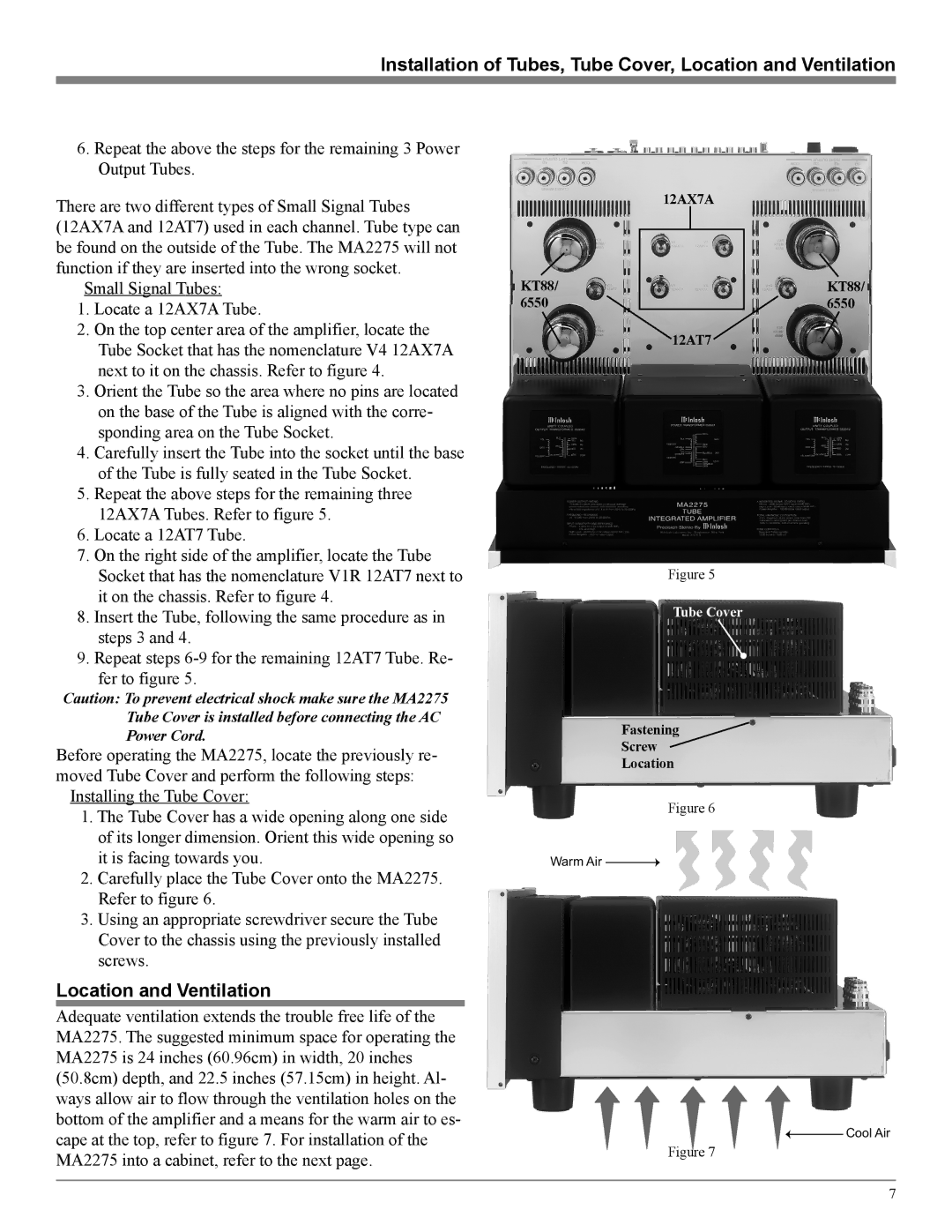 McIntosh MA2275 owner manual Installation of Tubes, Tube Cover, Location and Ventilation 