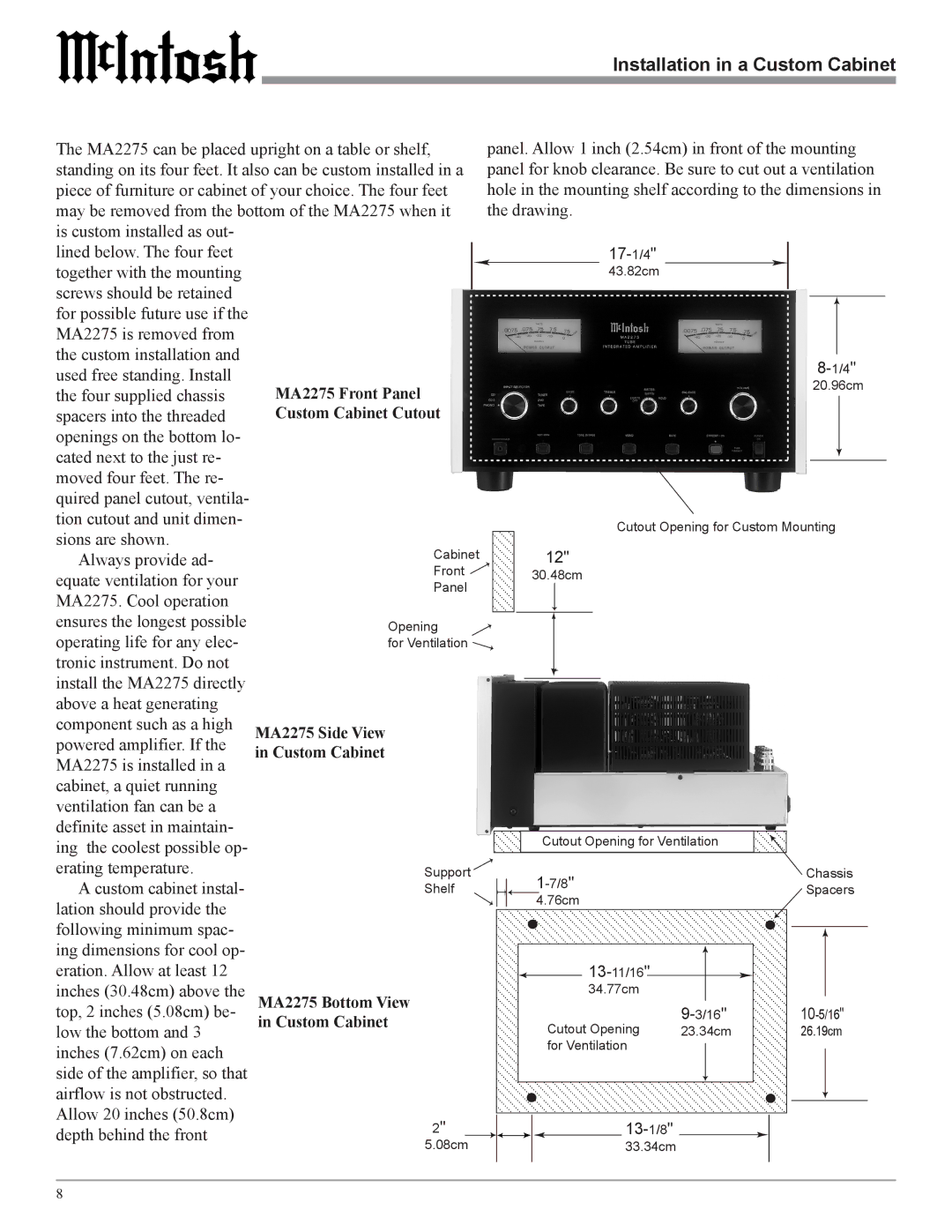 McIntosh MA2275 owner manual Installation in a Custom Cabinet 