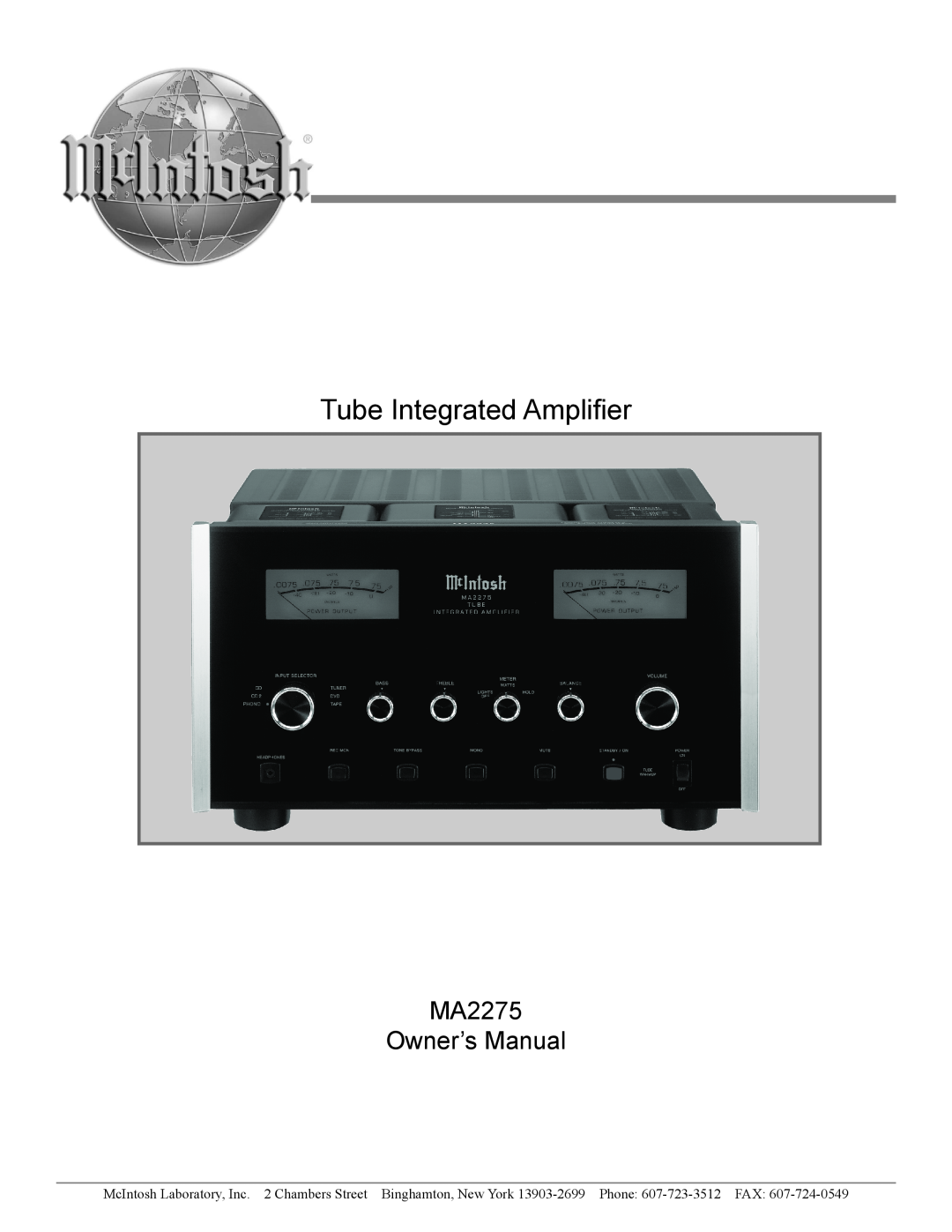 McIntosh MA2275 owner manual Tube Integrated Amplifier 