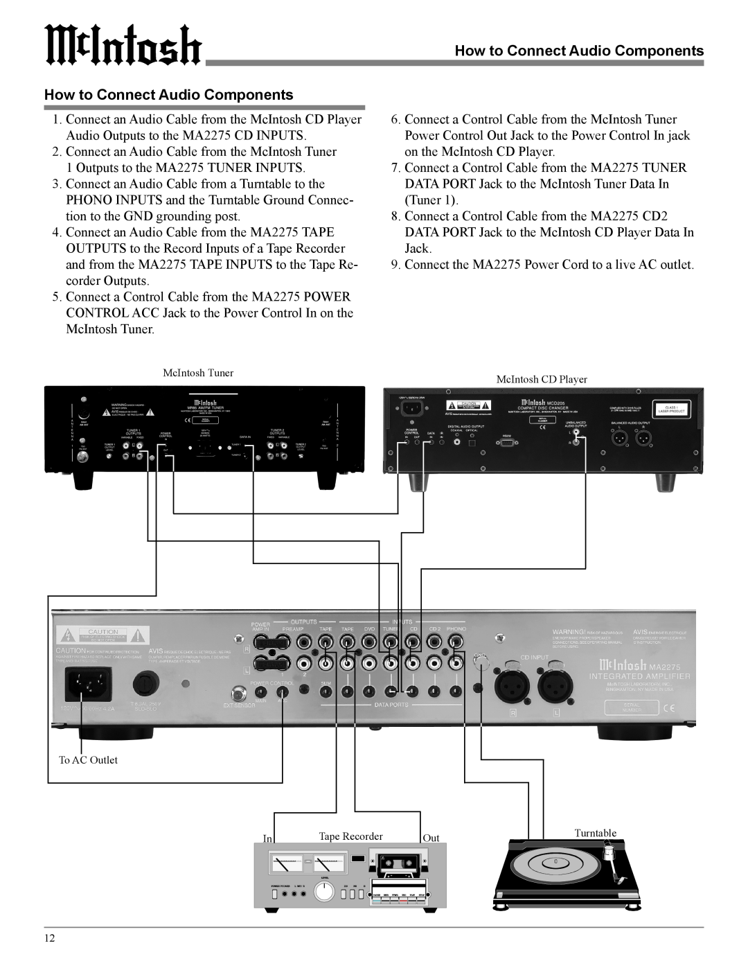 McIntosh MA2275 owner manual How to Connect Audio Components, McIntosh Tuner, To AC Outlet, Tape Recorder, Turntable 
