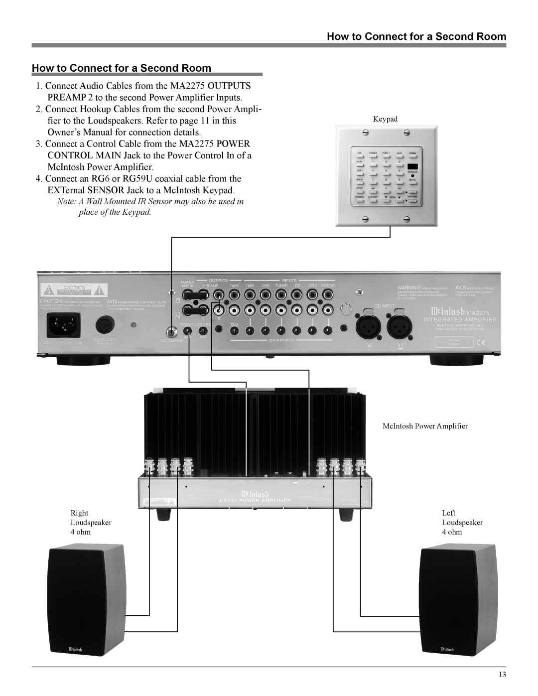 McIntosh MA2275 owner manual How to Connect for a Second Room, Right Loudspeaker 4 ohm, Keypad McIntosh Power Amplifier 