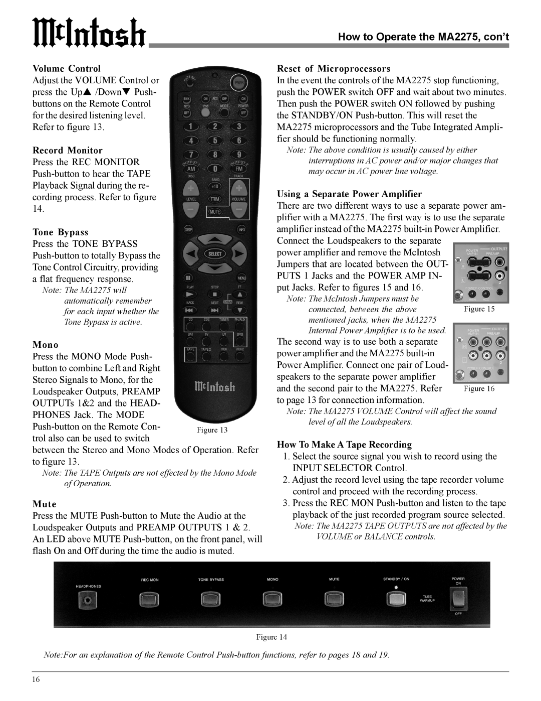 McIntosh How to Operate the MA2275, con’t, Volume Control, Record Monitor, Tone Bypass, Mute, Reset of Microprocessors 