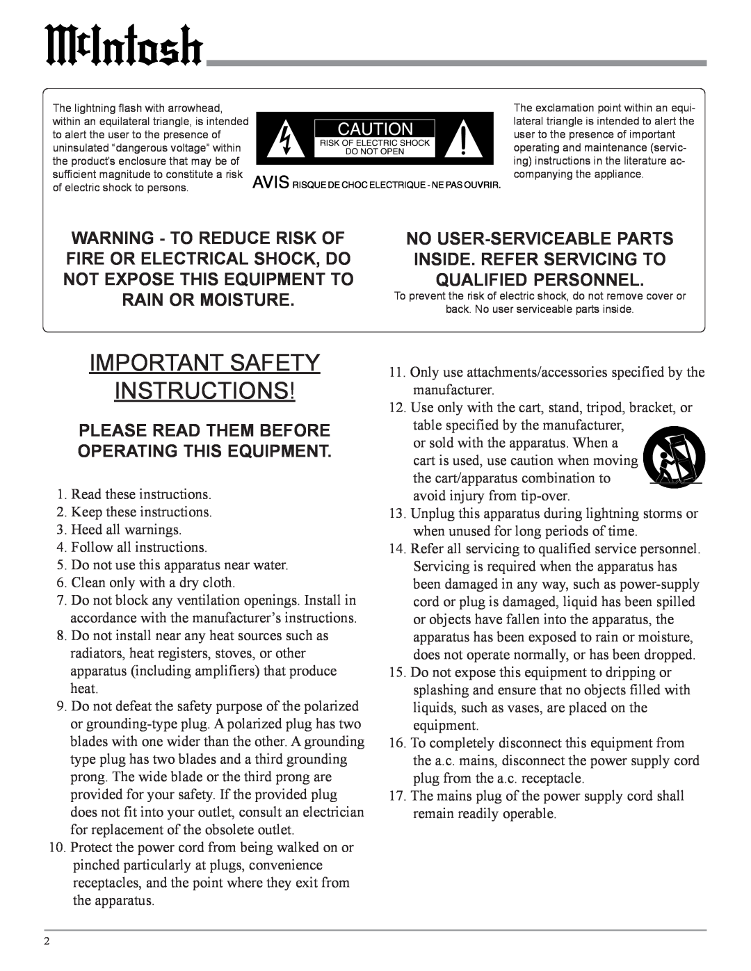 McIntosh MA2275 owner manual Important Safety Instructions, Please Read Them Before Operating This Equipment 
