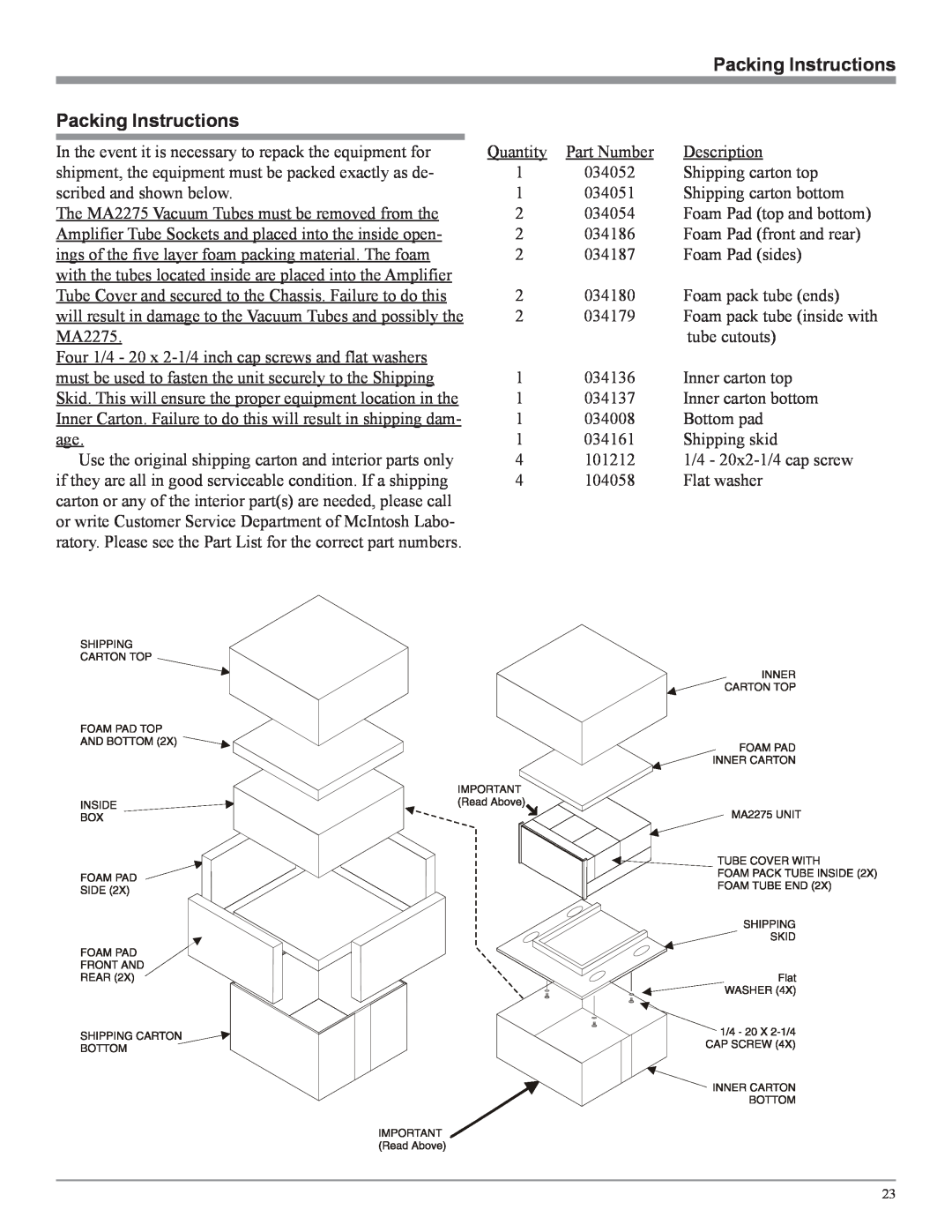 McIntosh MA2275 owner manual Packing Instructions 