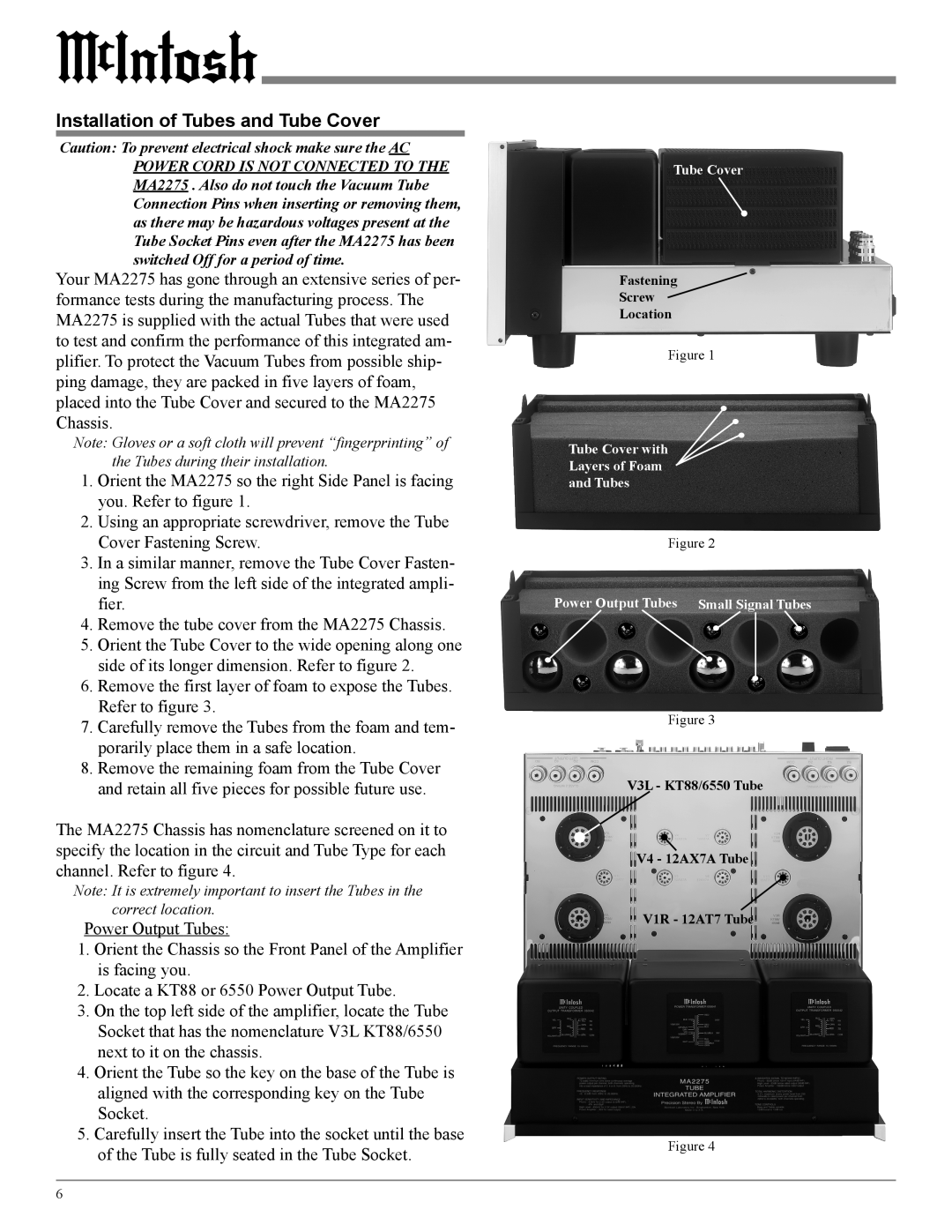 McIntosh MA2275 owner manual Installation of Tubes and Tube Cover 