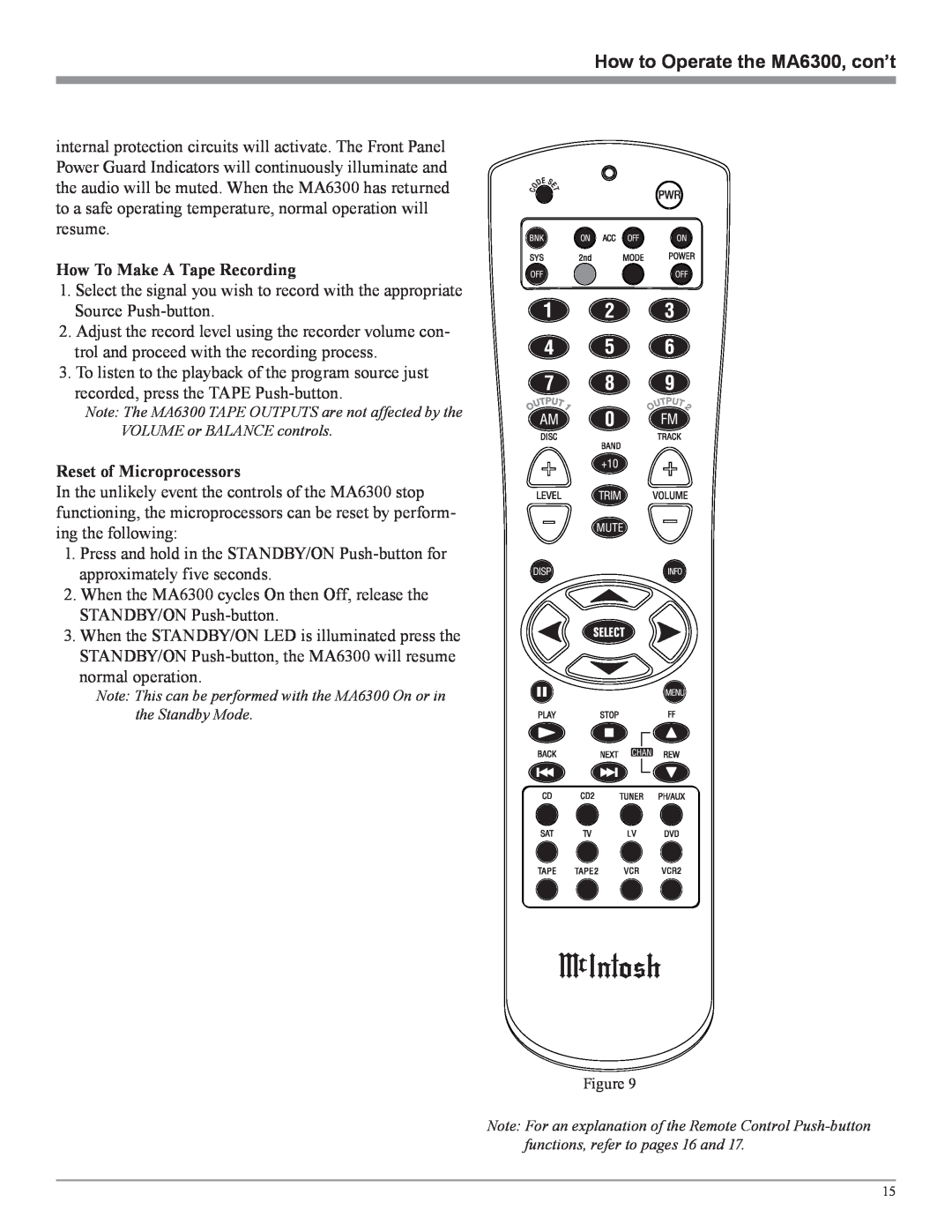 McIntosh owner manual How to Operate the MA6300, con’t, How To Make A Tape Recording, Reset of Microprocessors 
