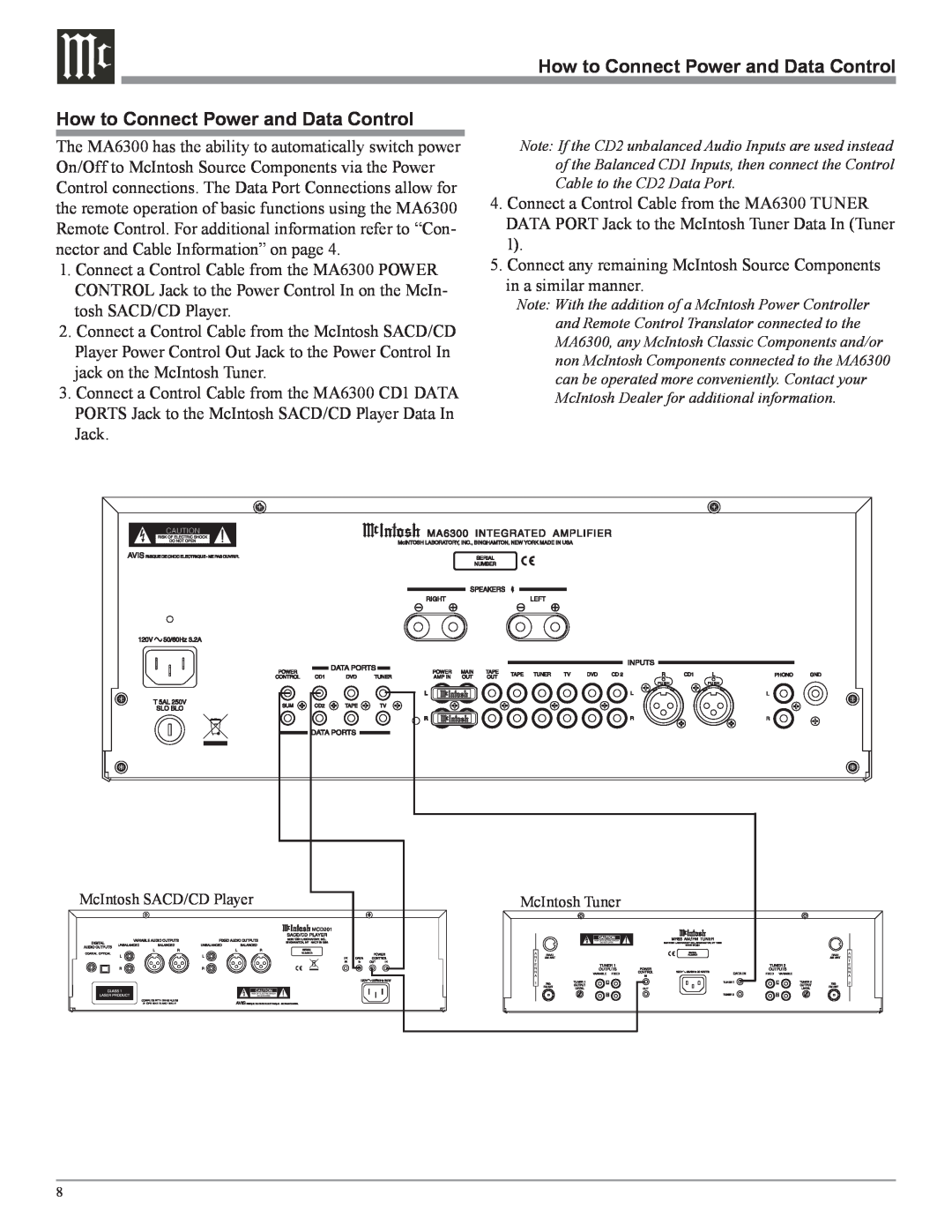 McIntosh MA6300 owner manual How to Connect Power and Data Control, McIntosh SACD/CD Player, McIntosh Tuner 