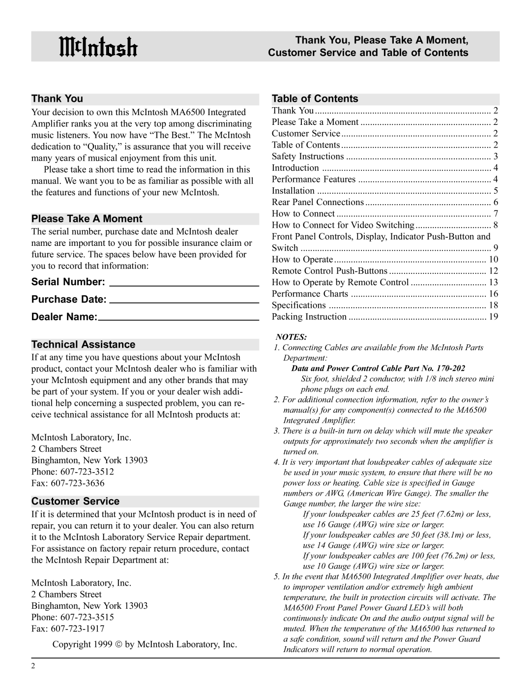 McIntosh MA6500 manual Please Take a Moment, Customer Service, Table of Contents 