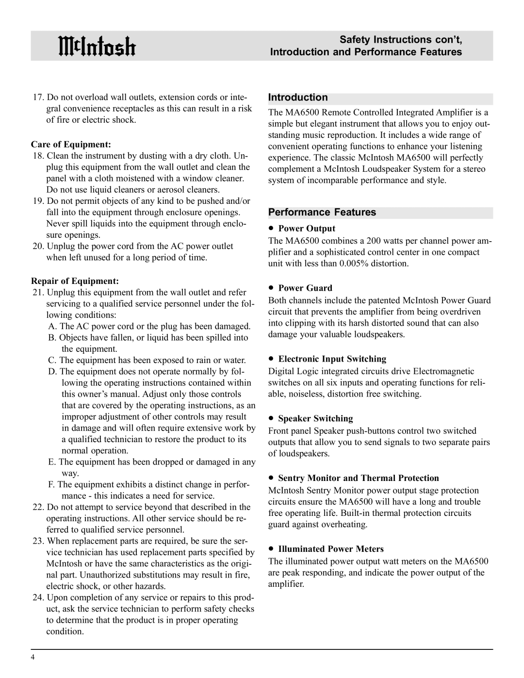 McIntosh MA6500 manual Introduction, Performance Features 