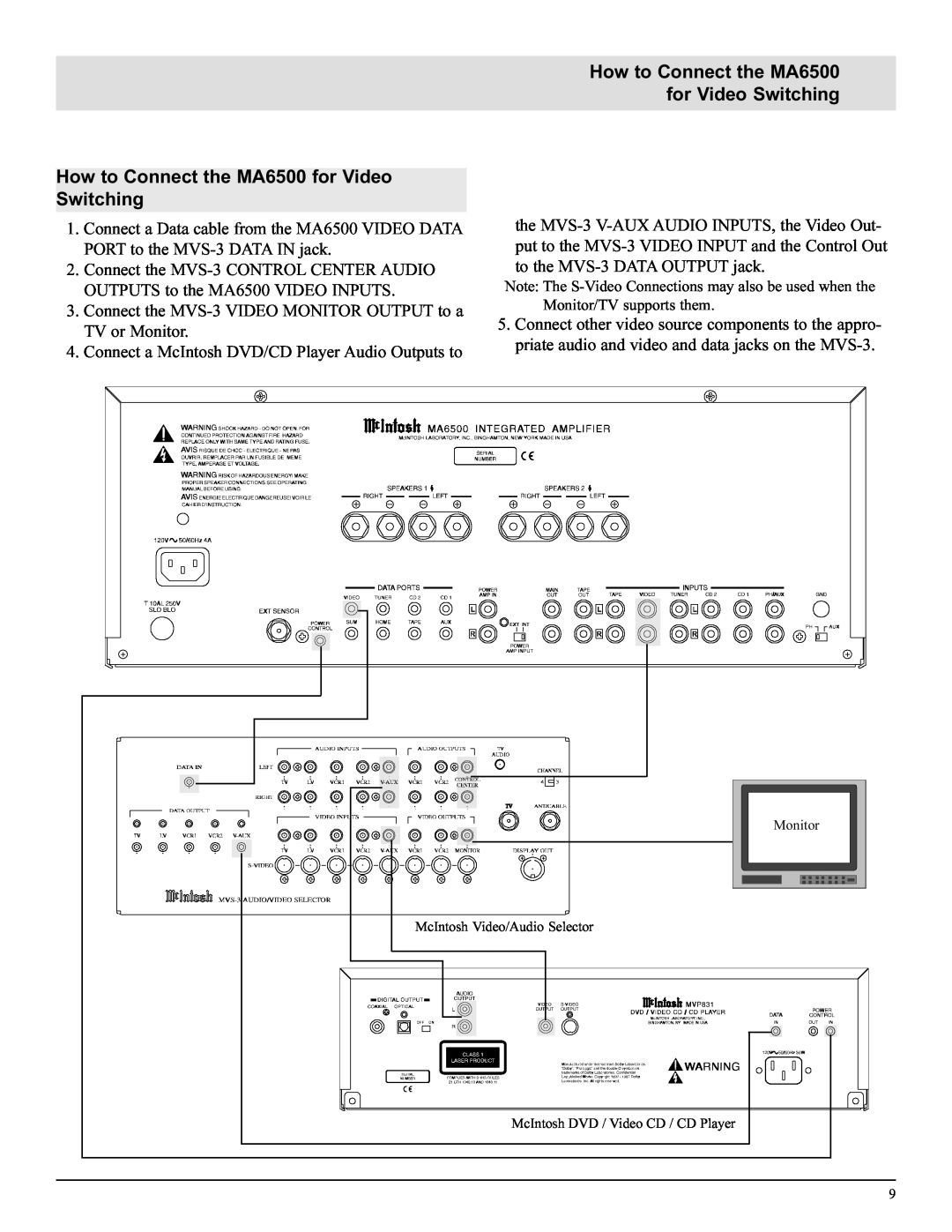 McIntosh manual How to Connect the MA6500 for Video Switching, McIntosh Video/Audio Selector 