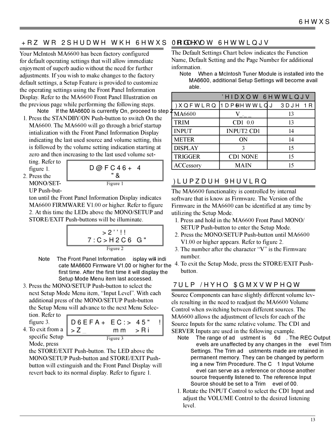 McIntosh MA6600 Setup How to Operate the Setup Modes, Default Settings, Firmware Version, Trim Level Adjustment 