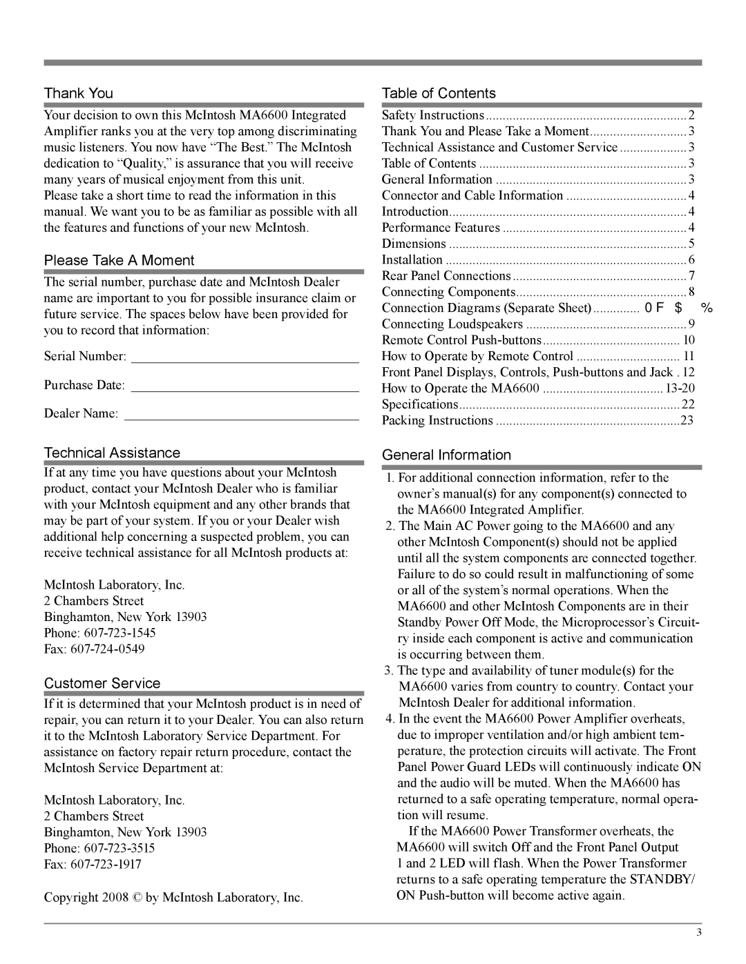 McIntosh MA6600 owner manual Thank You, Please Take a Moment, Table of Contents, Technical Assistance, Customer Service 