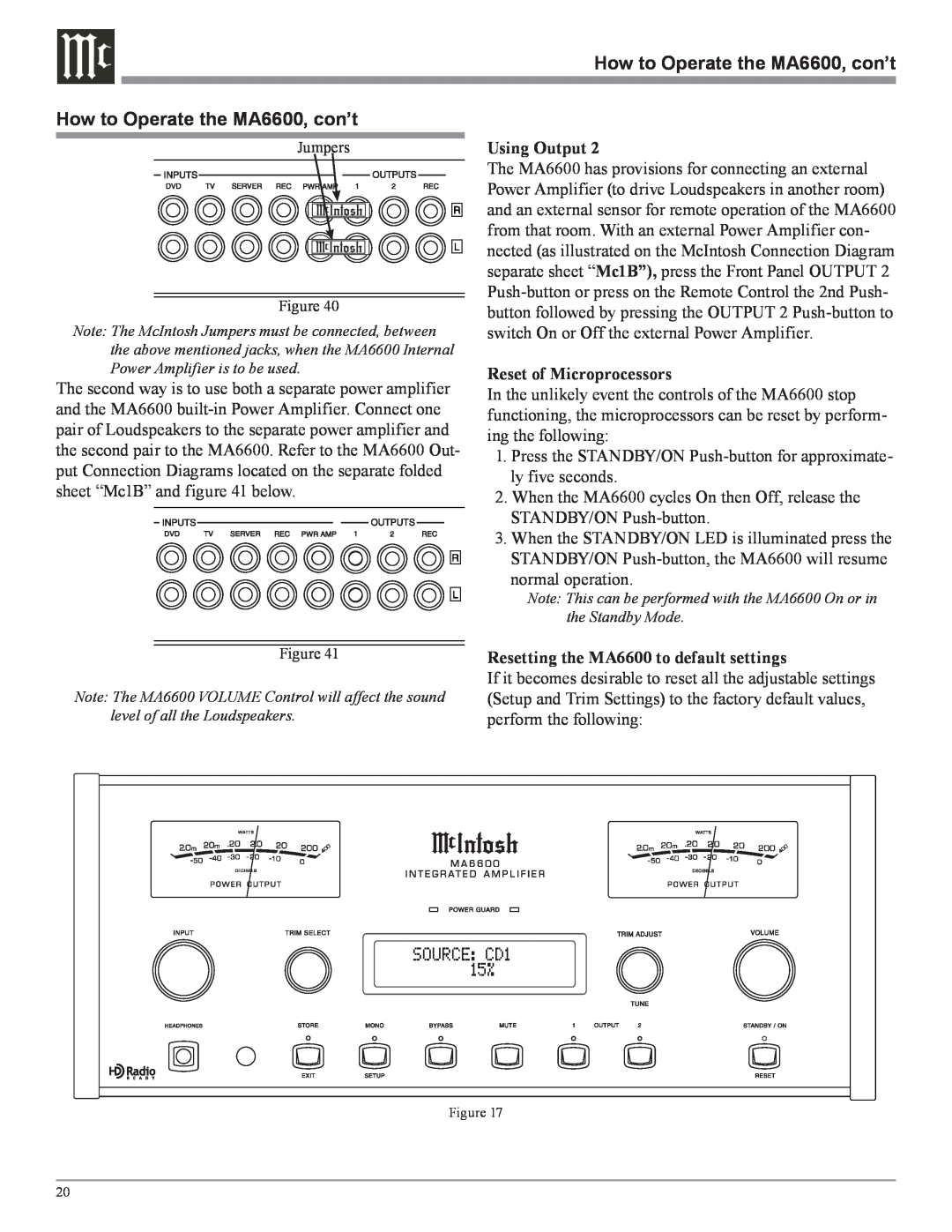 McIntosh owner manual How to Operate the MA6600, con’t, Using Output, Reset of Microprocessors 
