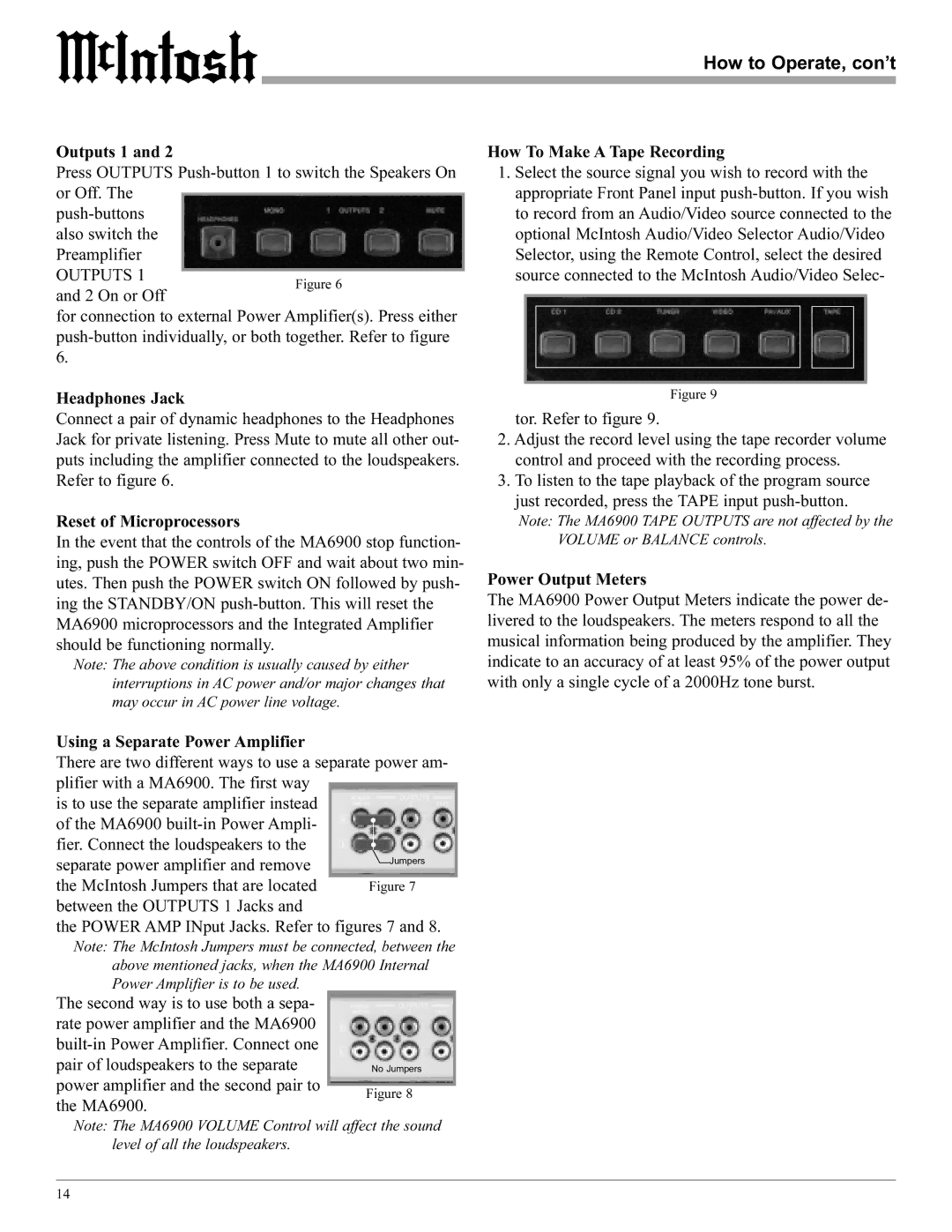 McIntosh MA6900 manual How to Operate, con’t 