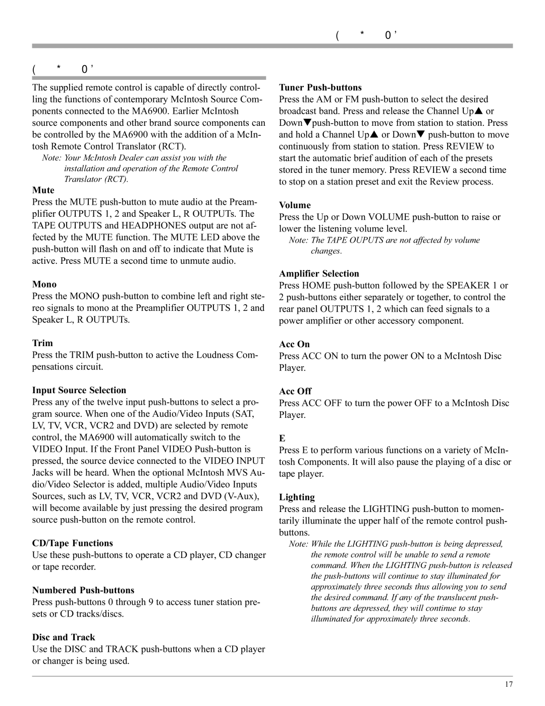 McIntosh MA6900 manual How to Operate by Remote Control 