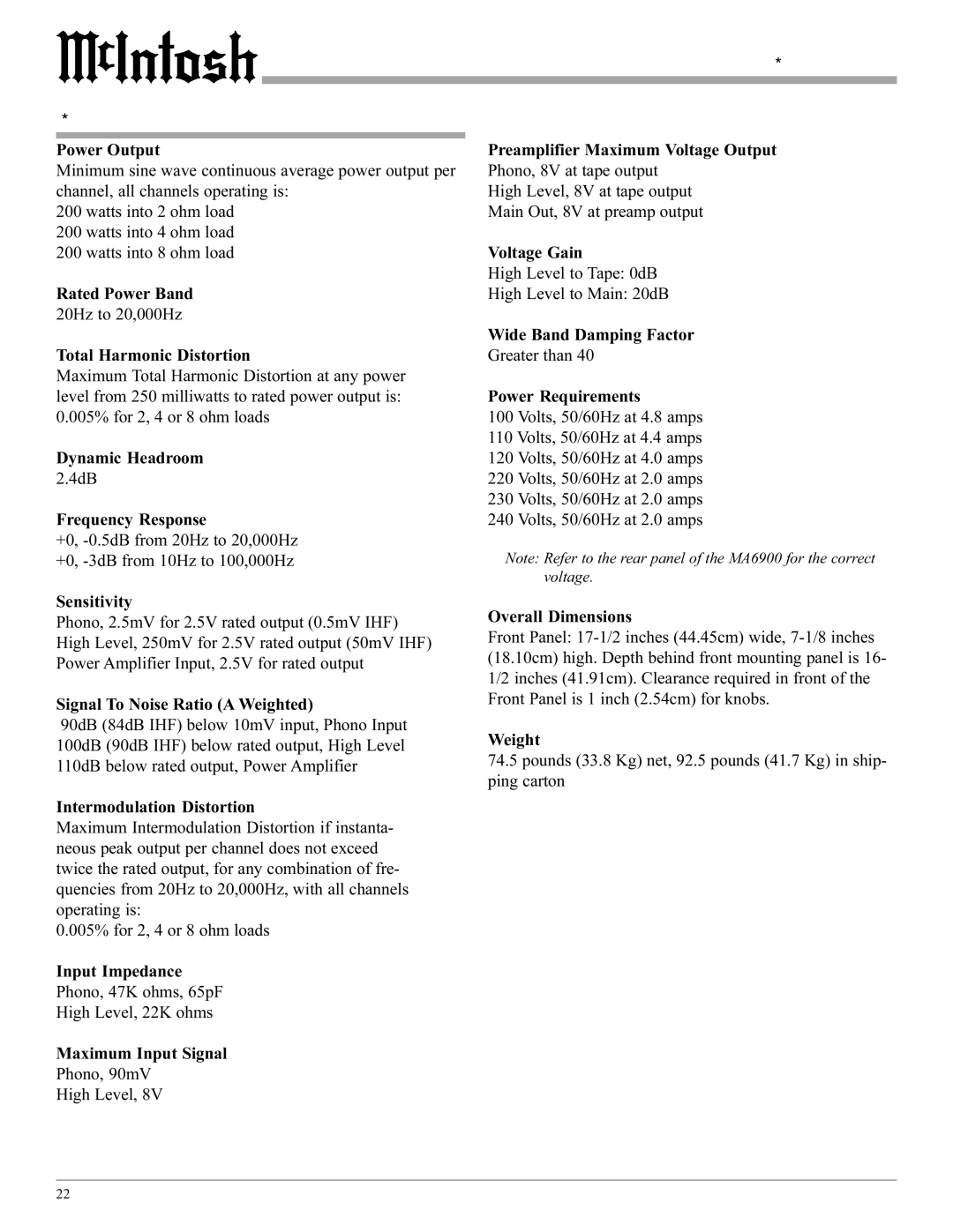 McIntosh MA6900 manual Specifications 