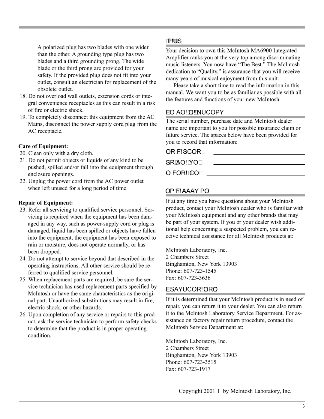 McIntosh MA6900 manual Thank You, Please Take a Moment, Customer Service, Care of Equipment, Repair of Equipment 