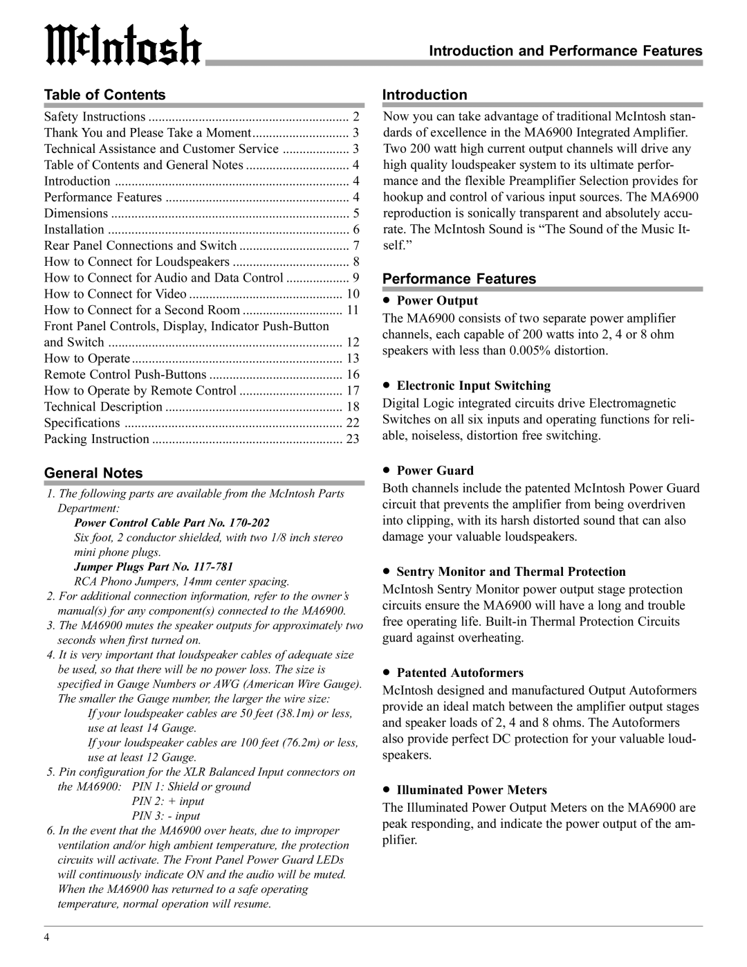 McIntosh MA6900 manual Introduction and Performance Features Table of Contents, General Notes 