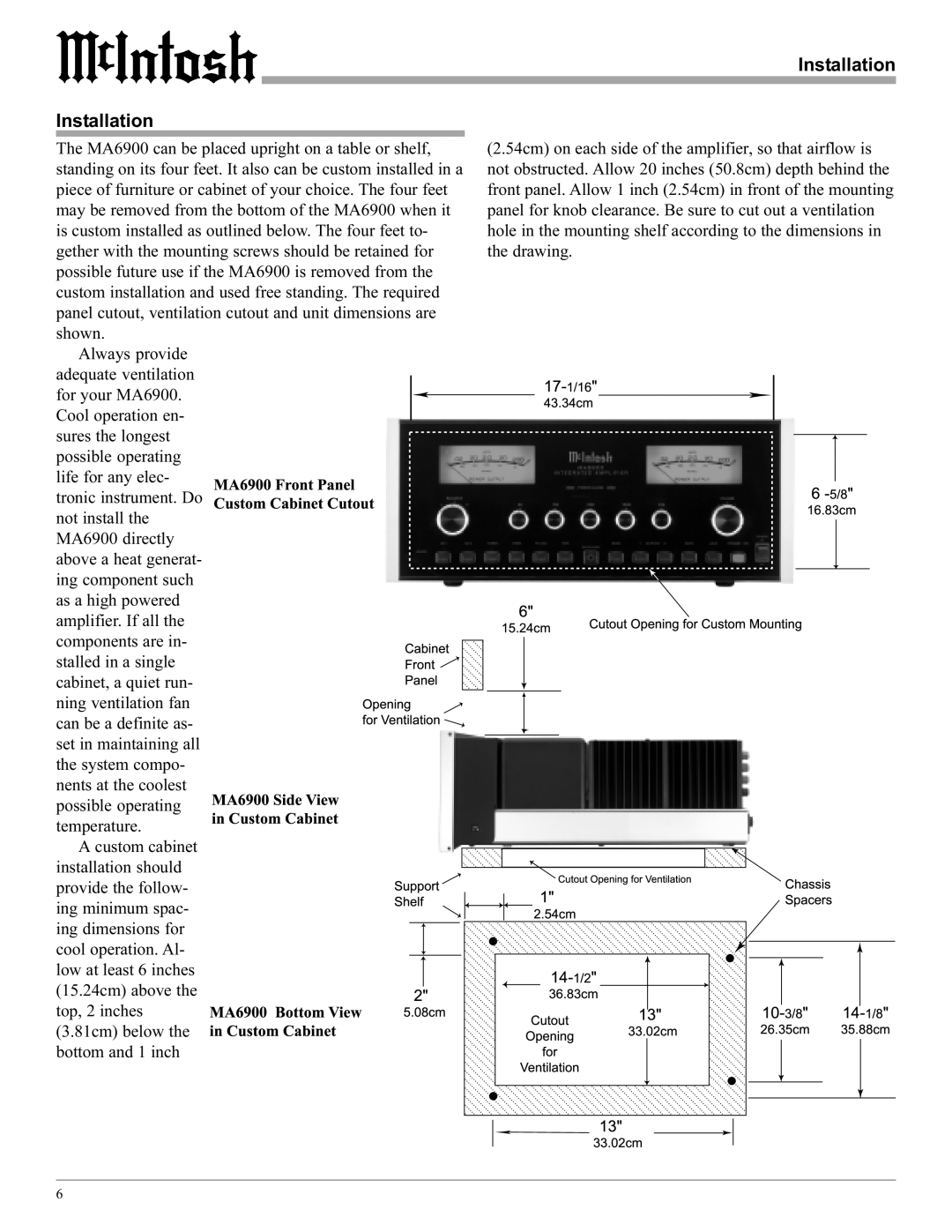 McIntosh MA6900 manual Installation 