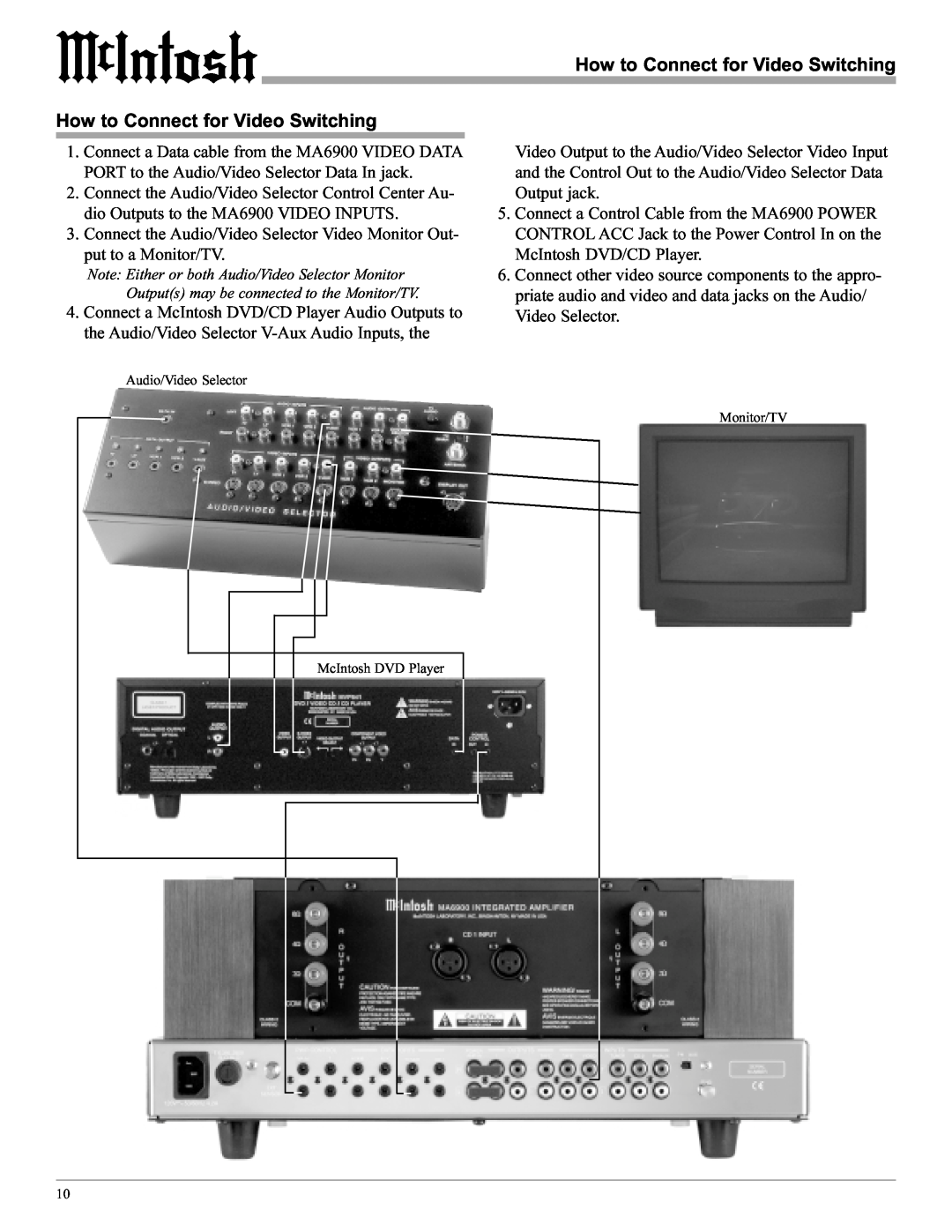 McIntosh MA6900 manual How to Connect for Video Switching, Audio/Video Selector, Monitor/TV, McIntosh DVD Player 