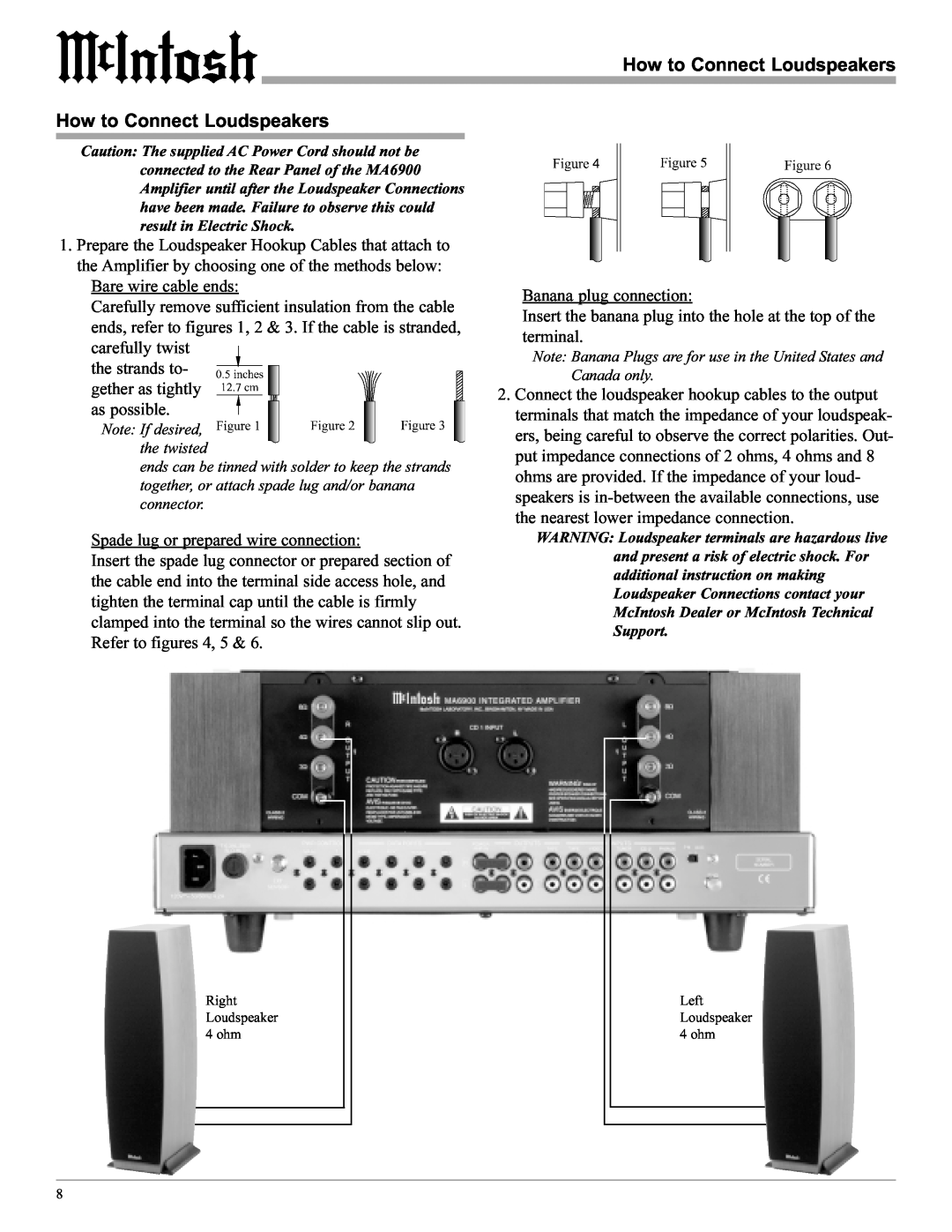 McIntosh MA6900 manual How to Connect Loudspeakers, Bare wire cable ends, Spade lug or prepared wire connection 