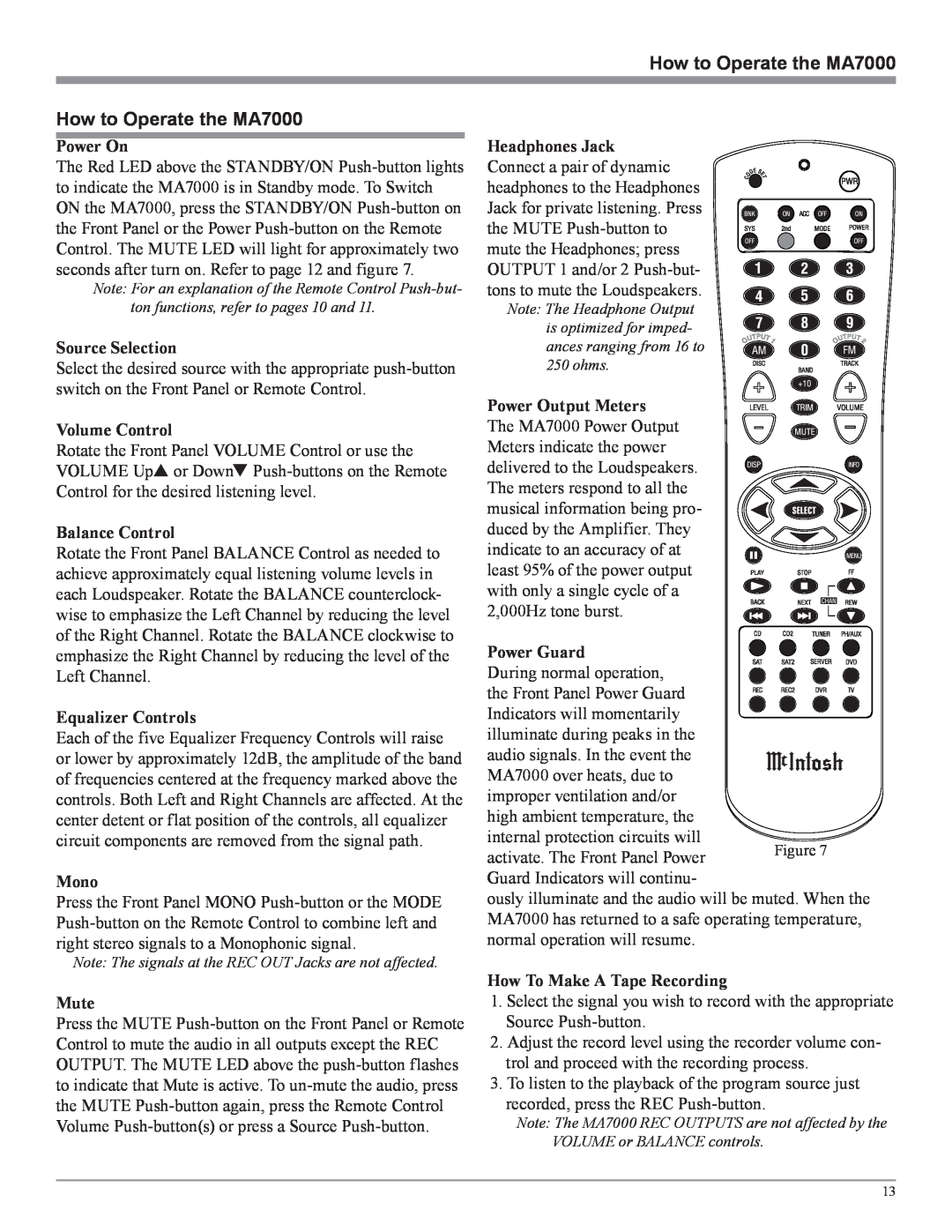 McIntosh owner manual How to Operate the MA7000 