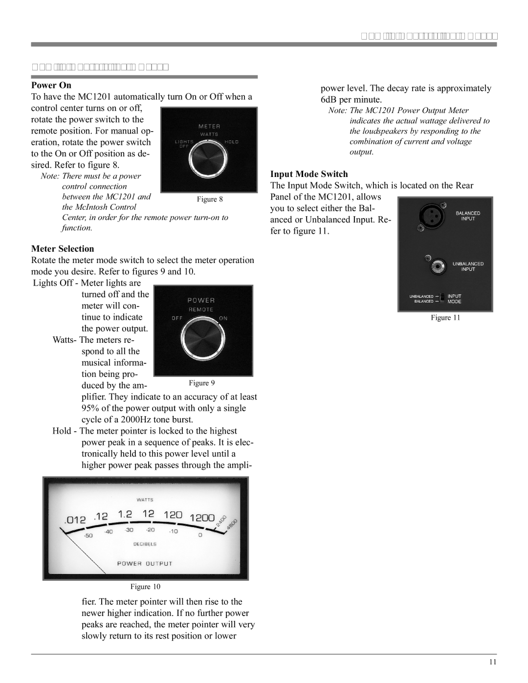 McIntosh manual How to Operate the MC1201, Power On, Meter Selection, Input Mode Switch 