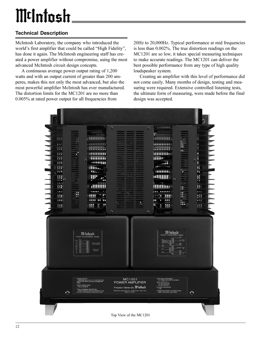 McIntosh MC1201 manual Technical Description 