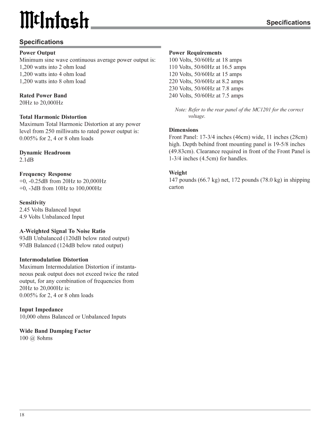 McIntosh MC1201 manual Specifications 