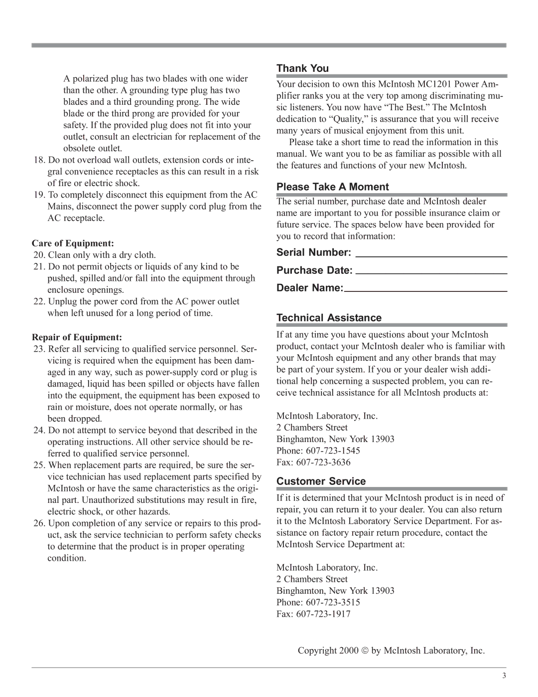 McIntosh MC1201 manual Thank You, Please Take a Moment, Customer Service, Care of Equipment, Repair of Equipment 