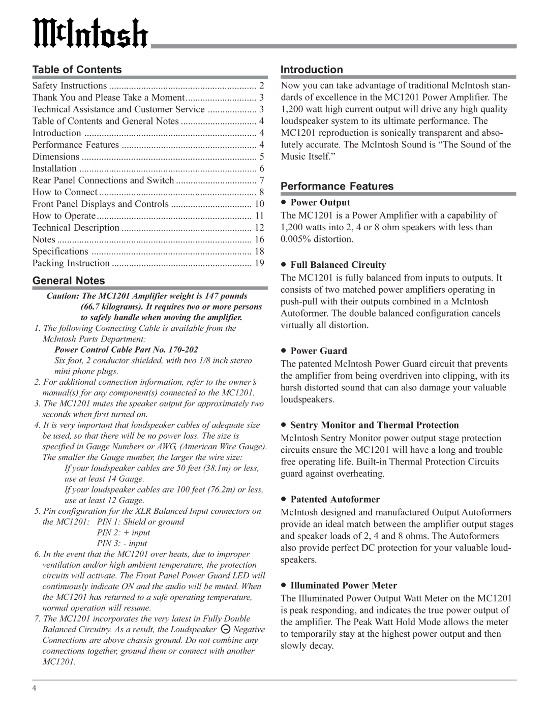 McIntosh MC1201 manual Table of Contents, General Notes, Introduction, Performance Features 