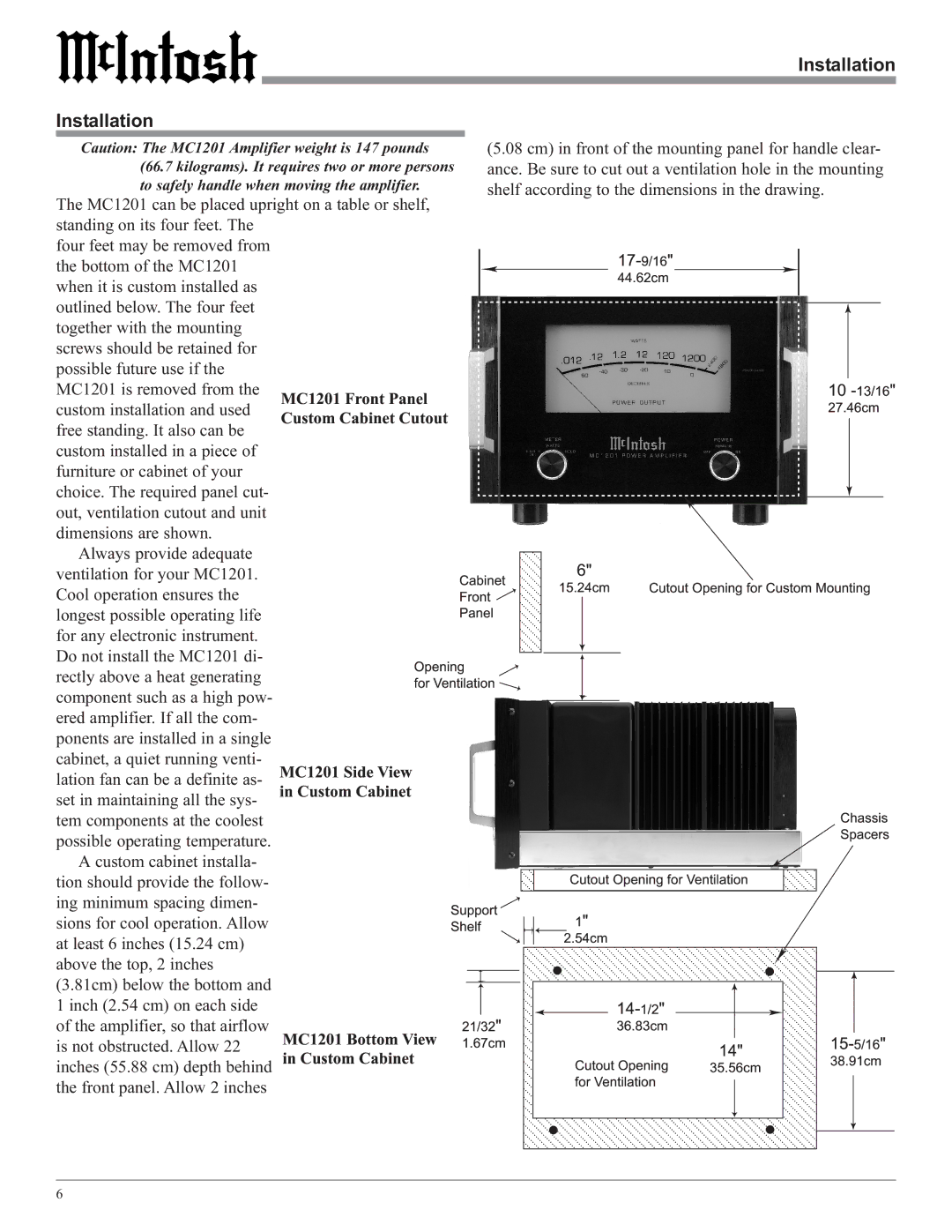 McIntosh manual MC1201FrontPanel, Installation 