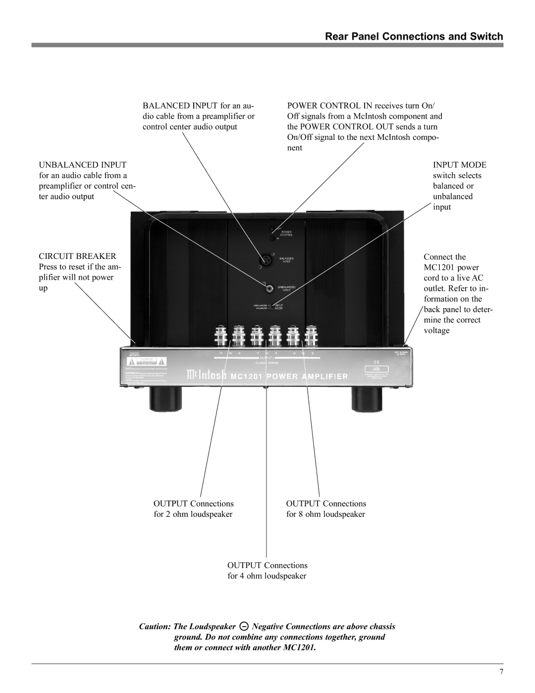 McIntosh MC1201 manual Rear Panel Connections and Switch 