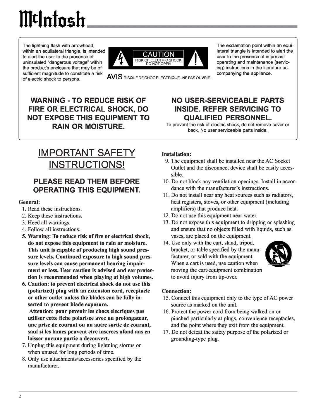 McIntosh MC1201 manual Important Safety Instructions, Please Read Them Before Operating This Equipment 