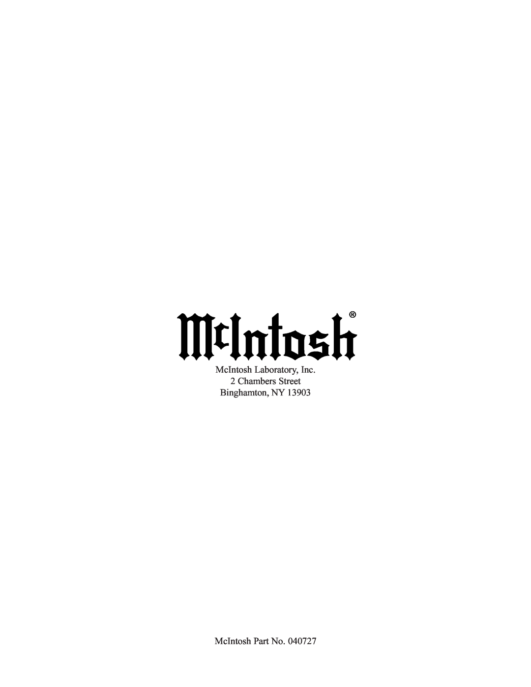 McIntosh MC1201 manual McIntosh Laboratory, Inc 2 Chambers Street, Binghamton, NY, McIntosh Part No 