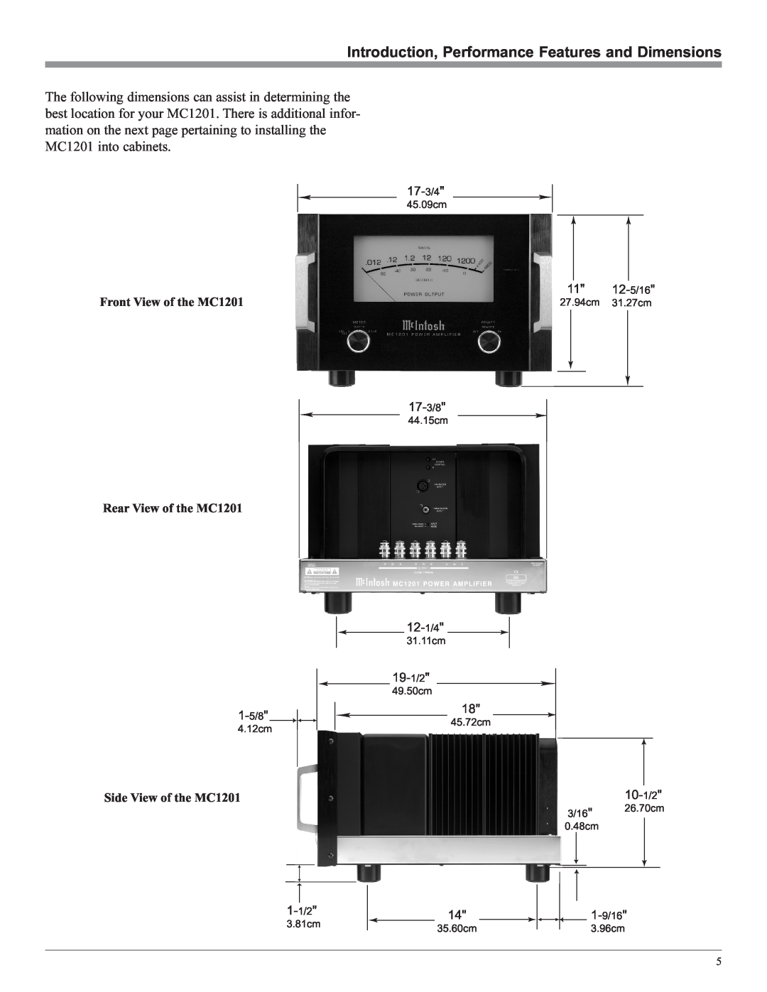 McIntosh MC1201 manual 3.96cm, 17-3/8, Introduction, Performance Features and Dimensions, 12-/4, 3.81cm 