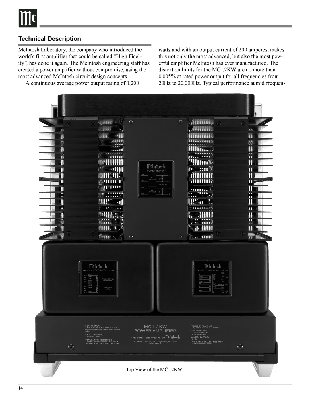 McIntosh MC1.2KW owner manual Technical Description 