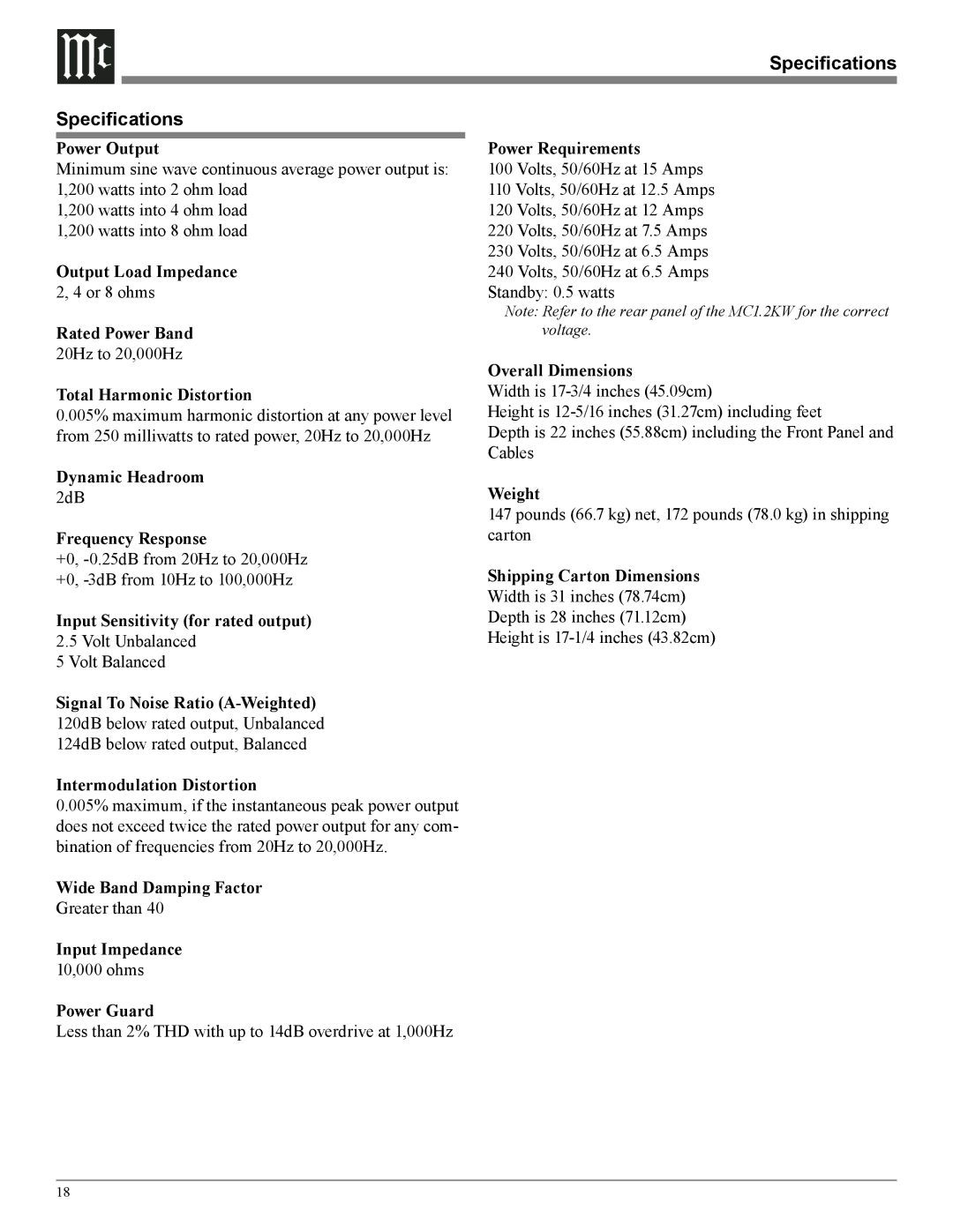 McIntosh MC1.2KW owner manual Specifications 